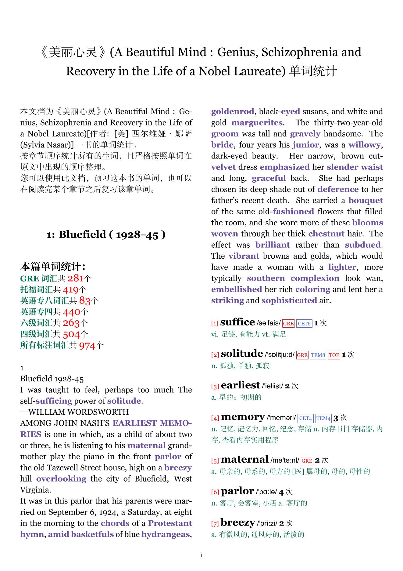 A Beautiful Mind : Genius, Schizophrenia and Recovery in the Life of a Nobel Laureate章节单词统计