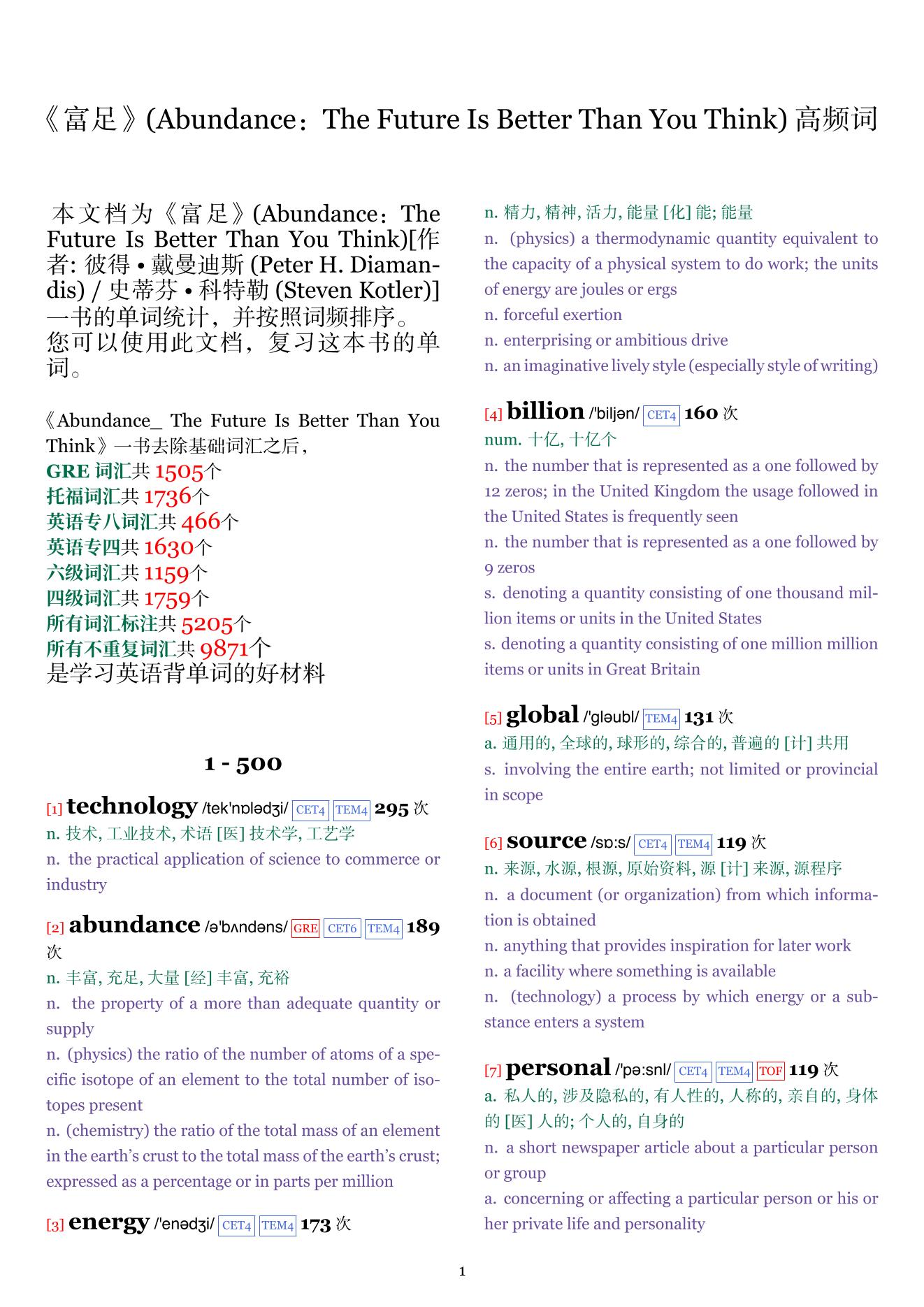 Abundance：The Future Is Better Than You Think词频统计