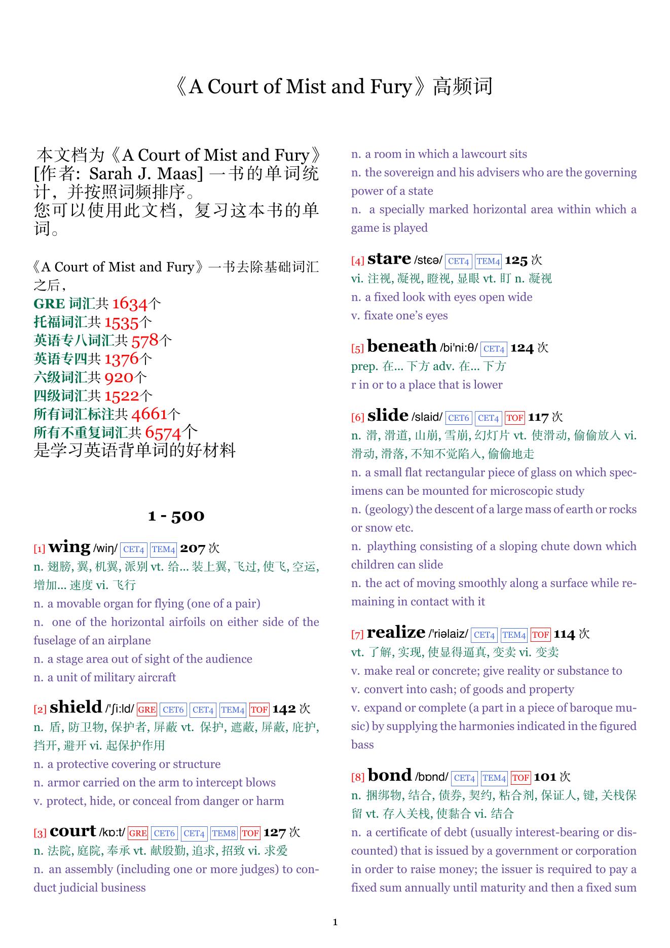 A Court of Mist and Fury词频统计