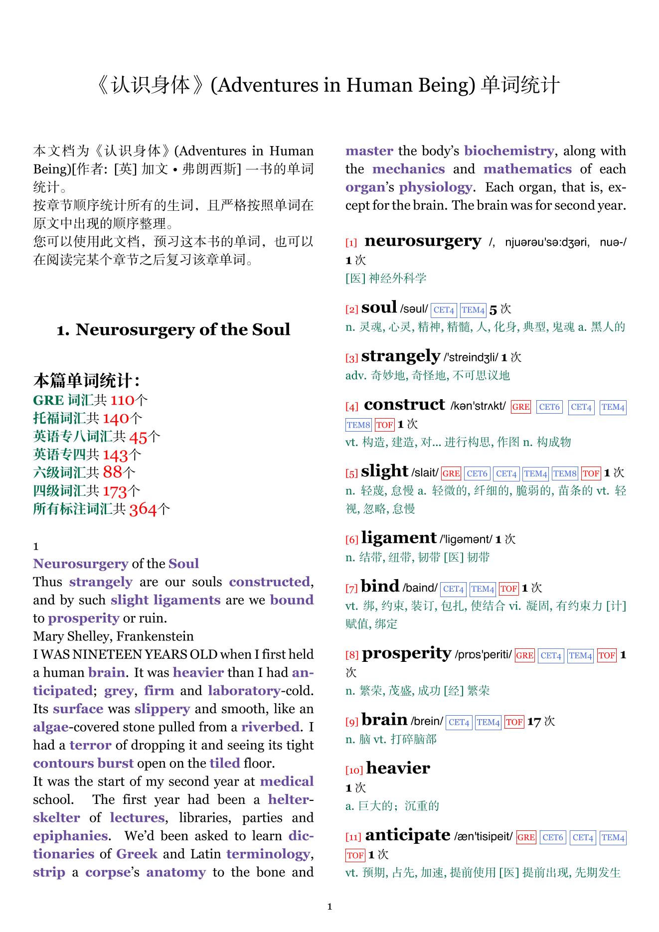 Adventures in Human Being章节单词统计