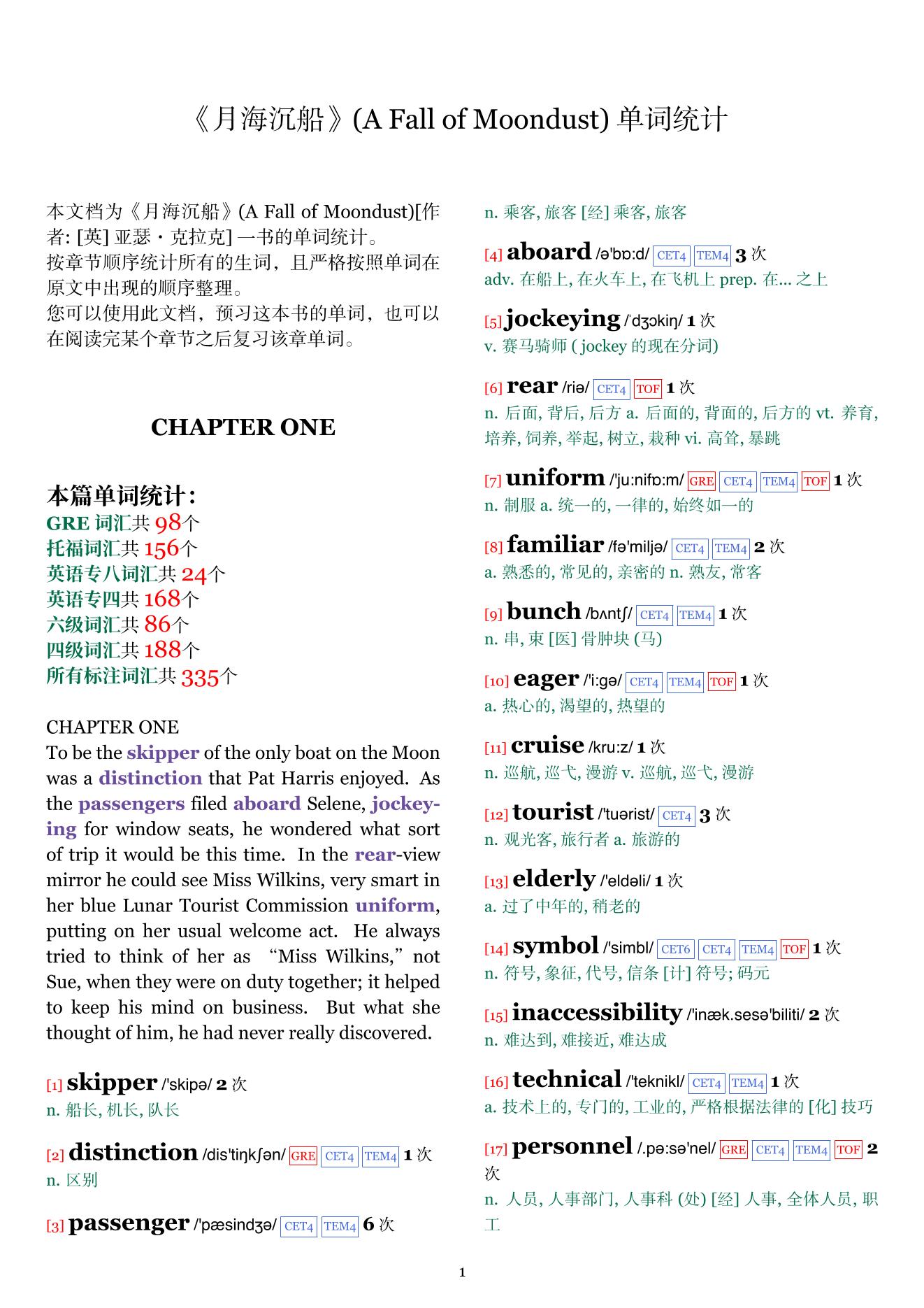 A Fall of Moondust章节单词统计