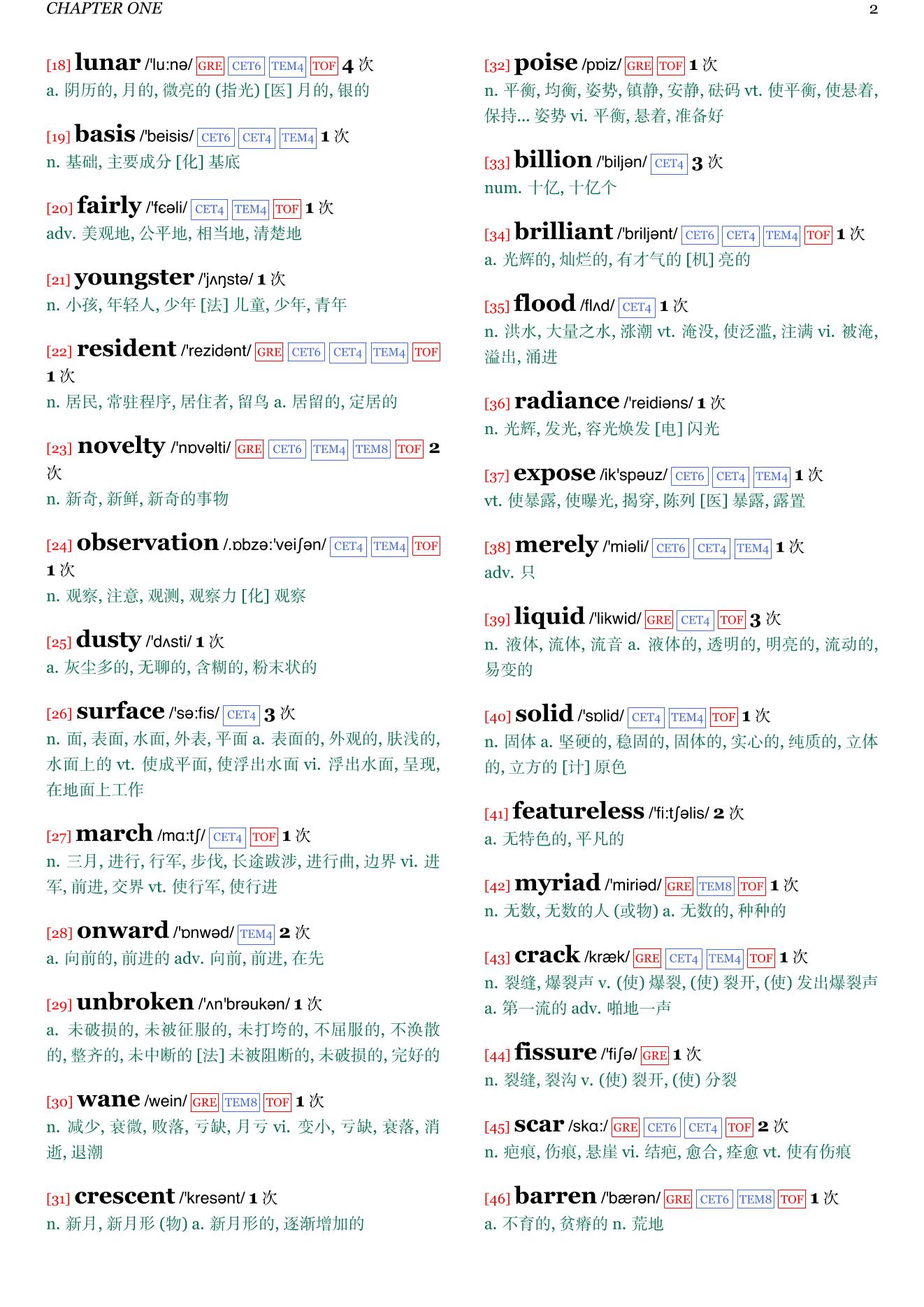 A Fall of Moondust章节单词统计