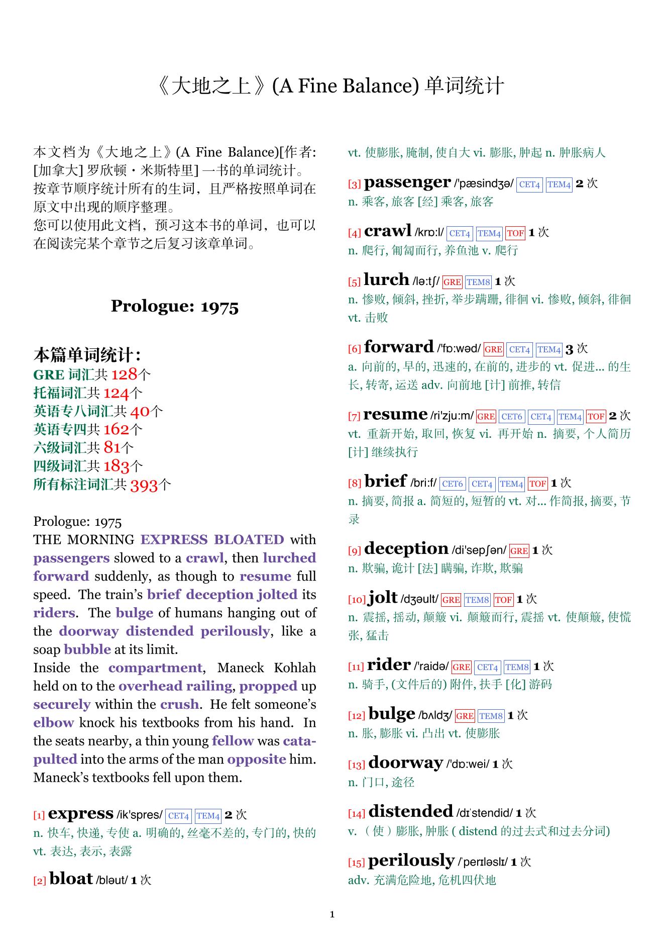 A Fine Balance章节单词统计