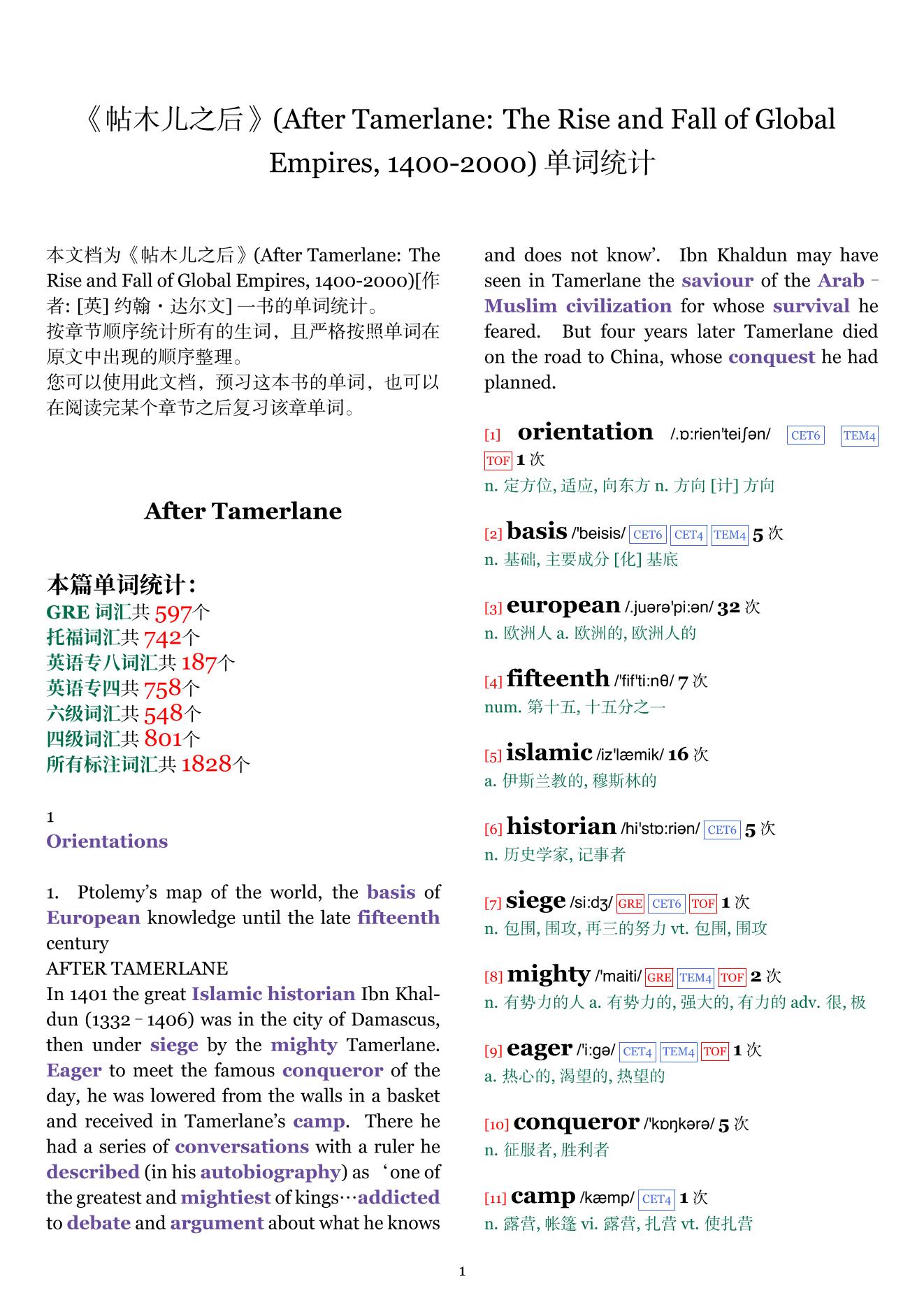 After Tamerlane: The Rise and Fall of Global Empires, 1400-2000章节单词统计