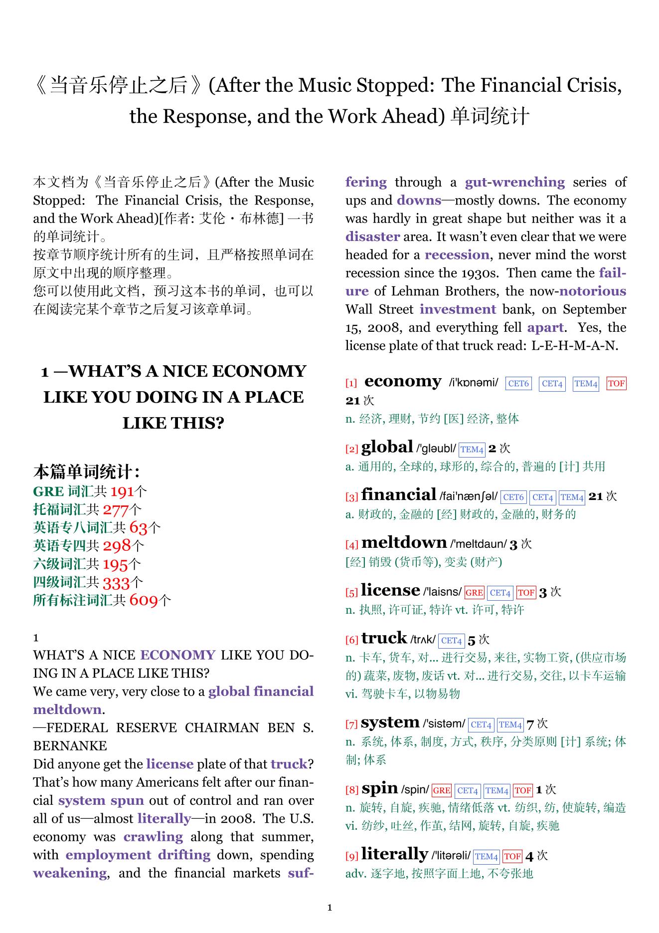 After the Music Stopped: The Financial Crisis, the Response, and the Work Ahead章节单词统计