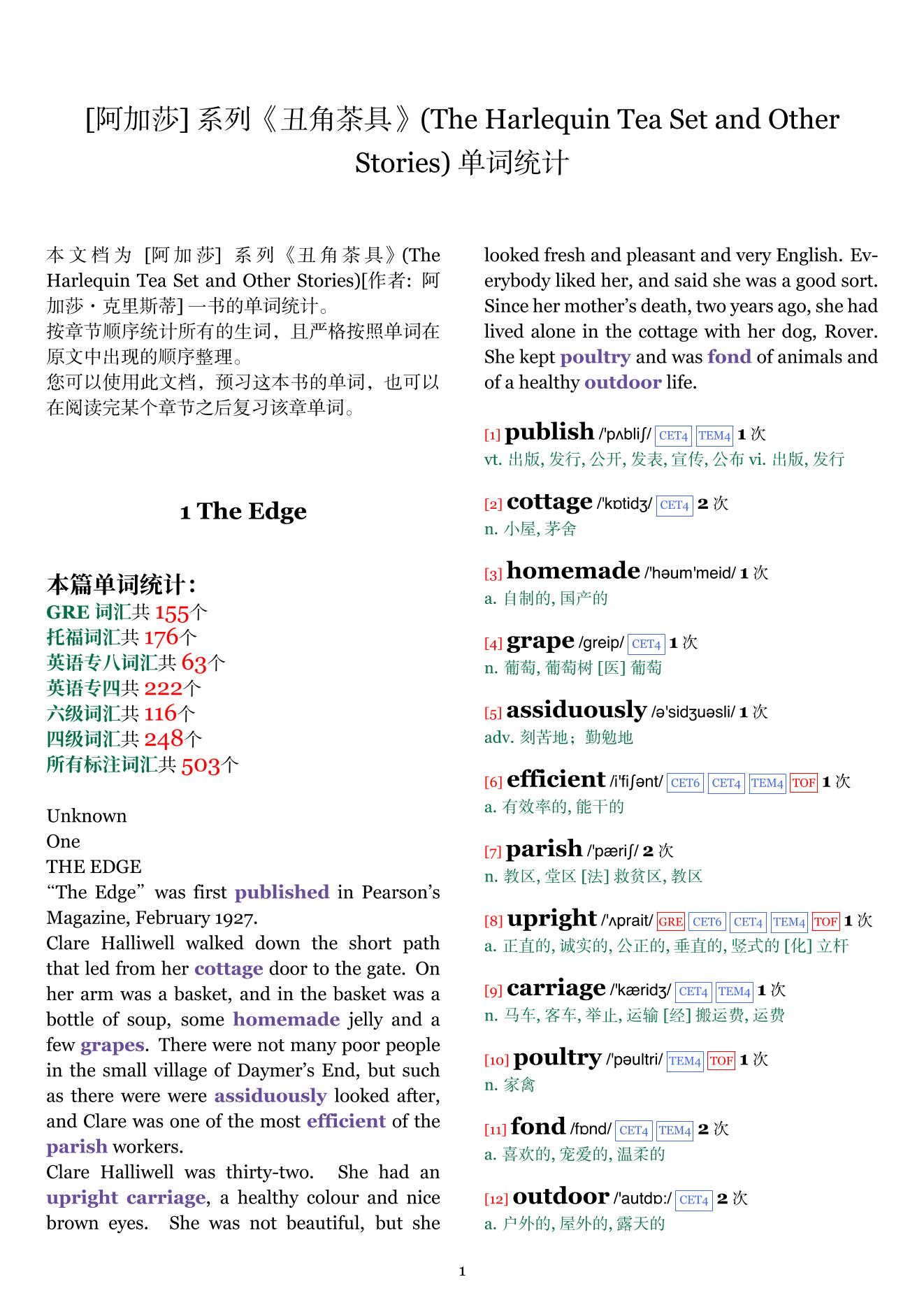 The Harlequin Tea Set and Other Stories章节单词统计