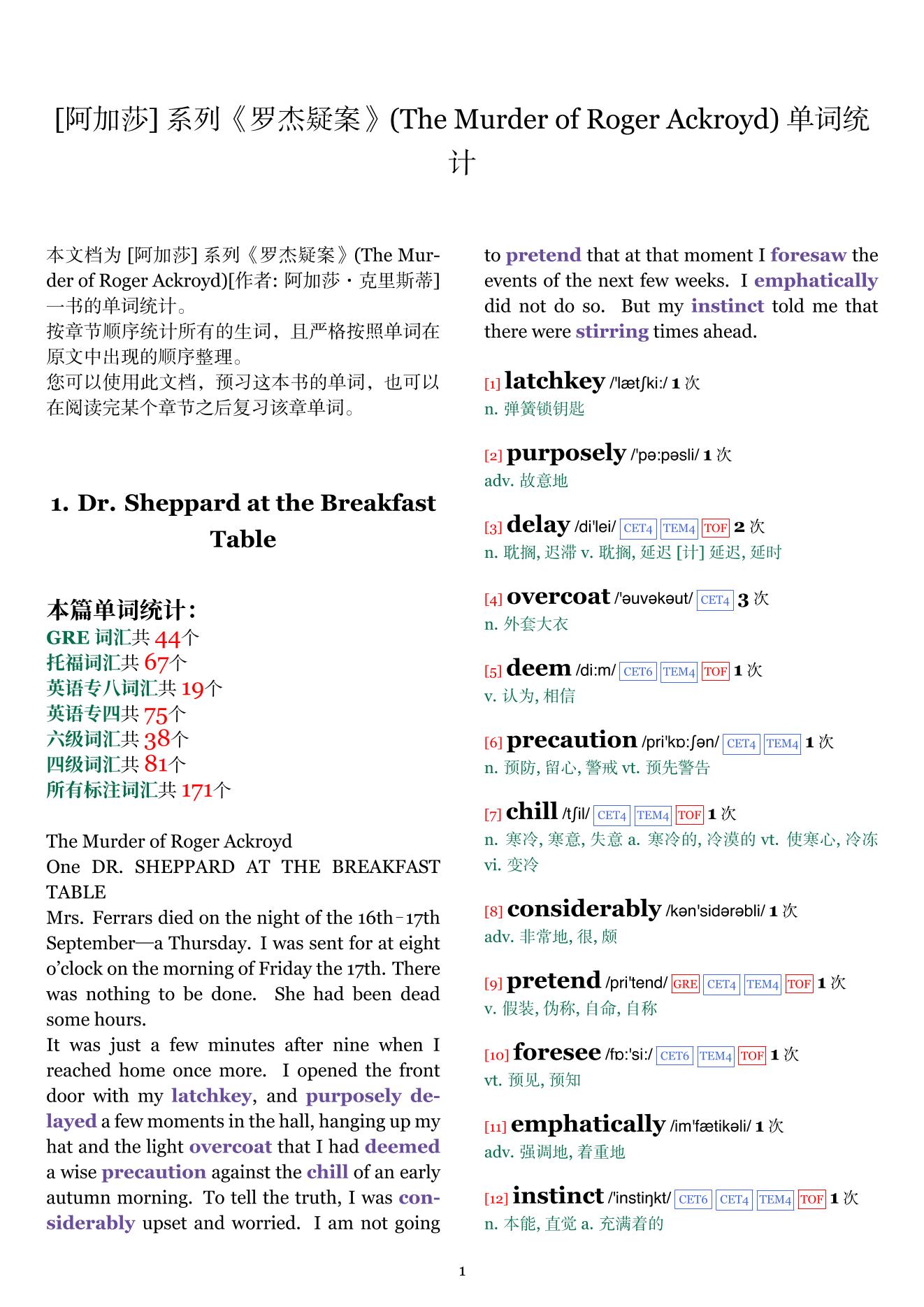 The Murder of Roger Ackroyd章节单词统计