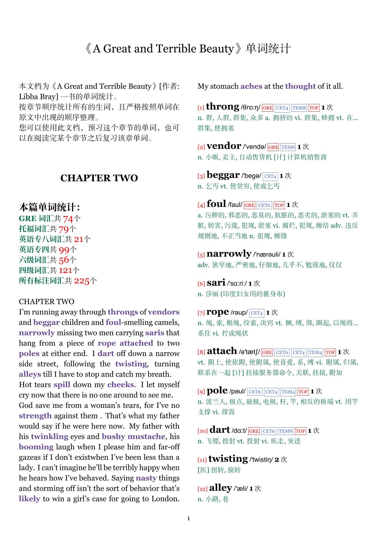 A Great and Terrible Beauty章节单词统计