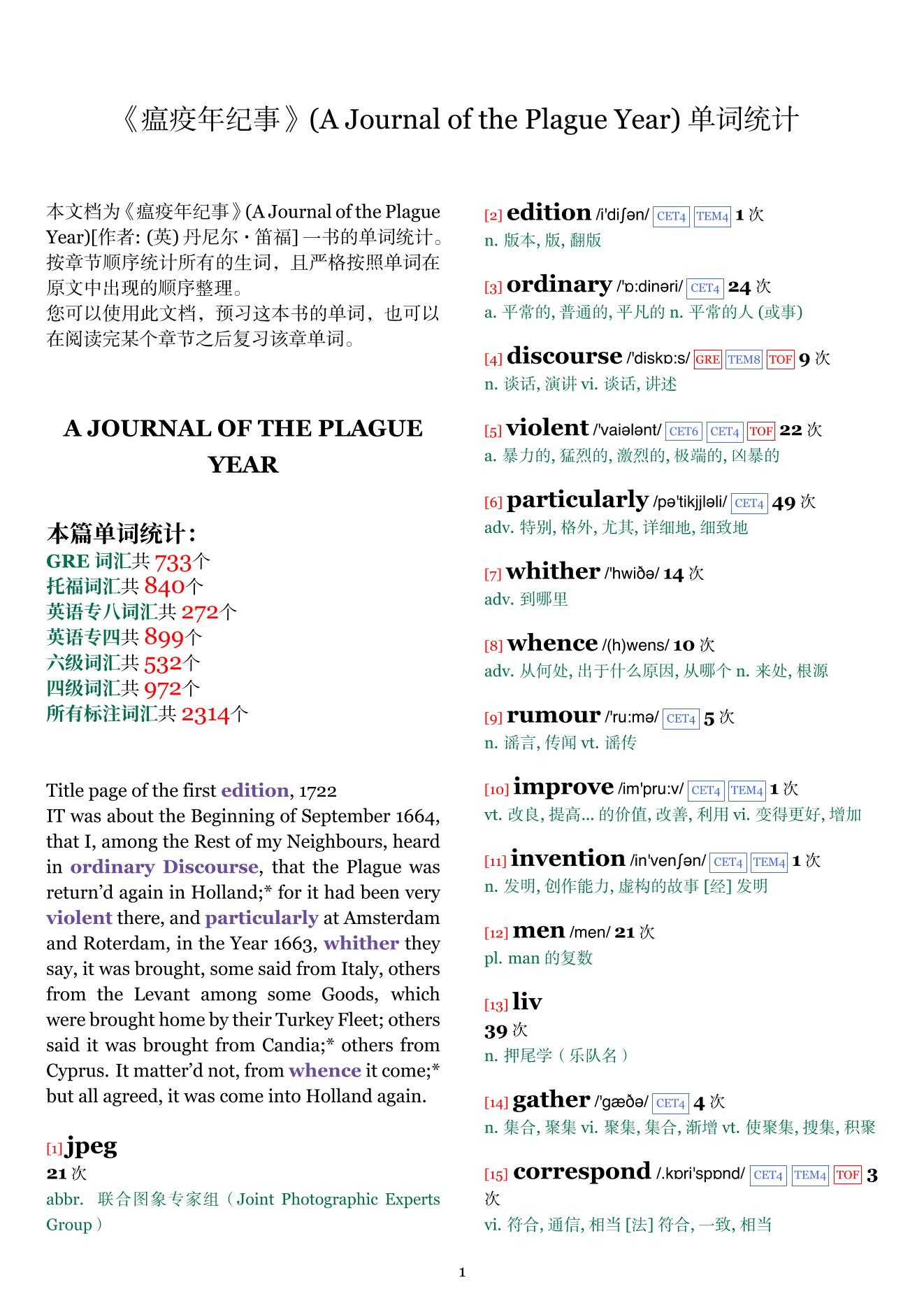 A Journal of the Plague Year章节单词统计