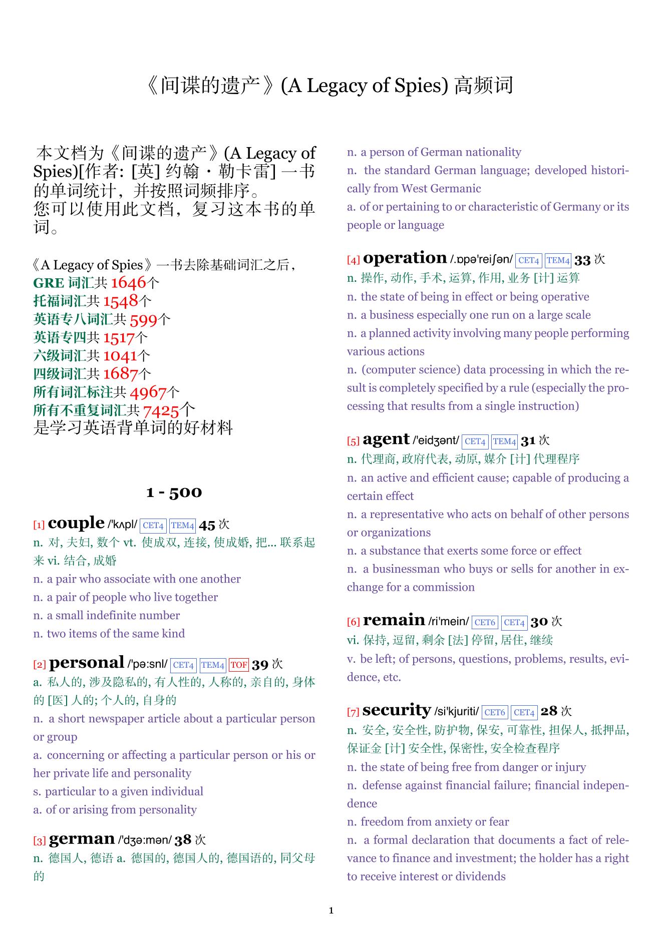 A Legacy of Spies词频统计