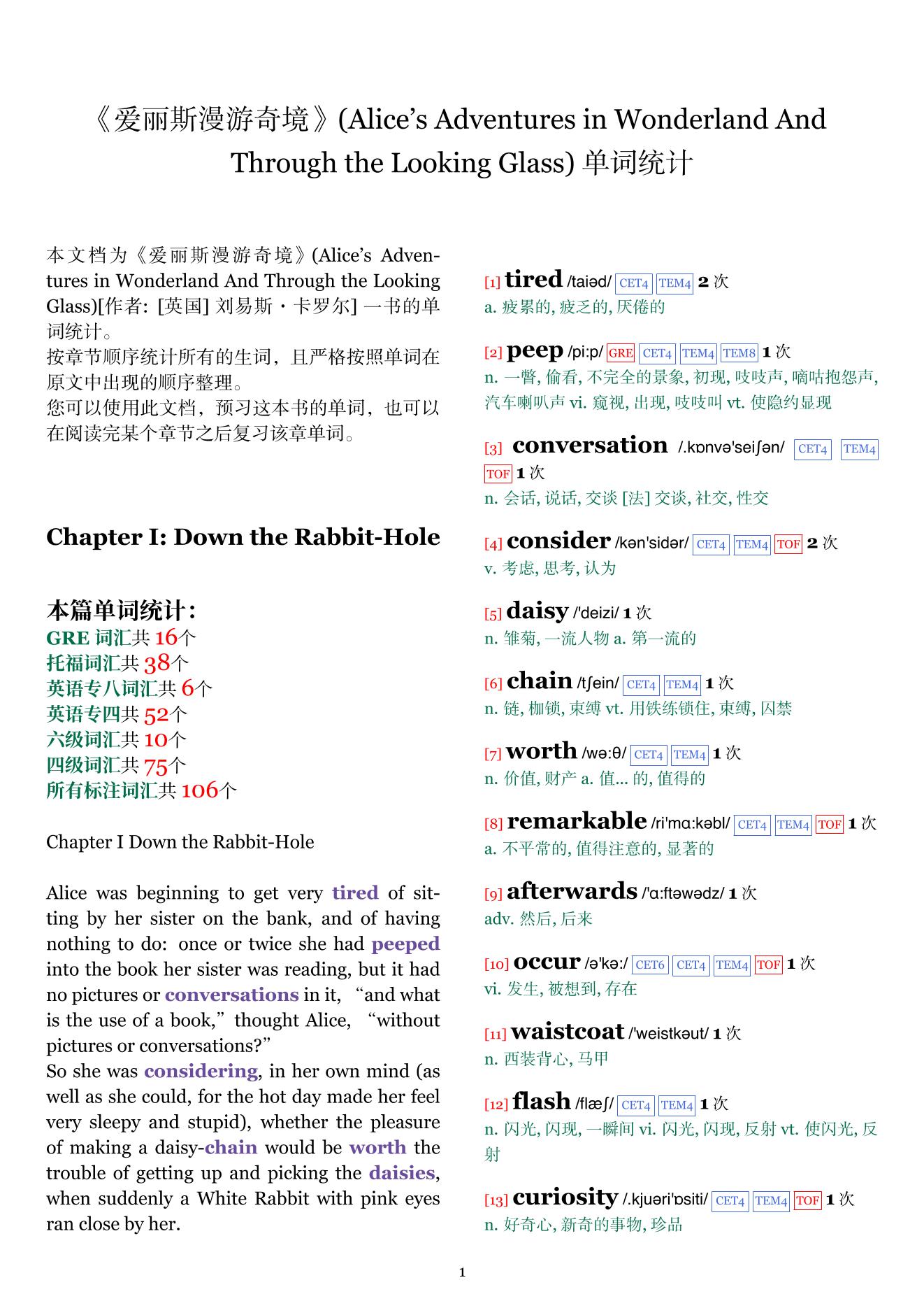 Alice's Adventures in Wonderland And Through the Looking Glass章节单词统计