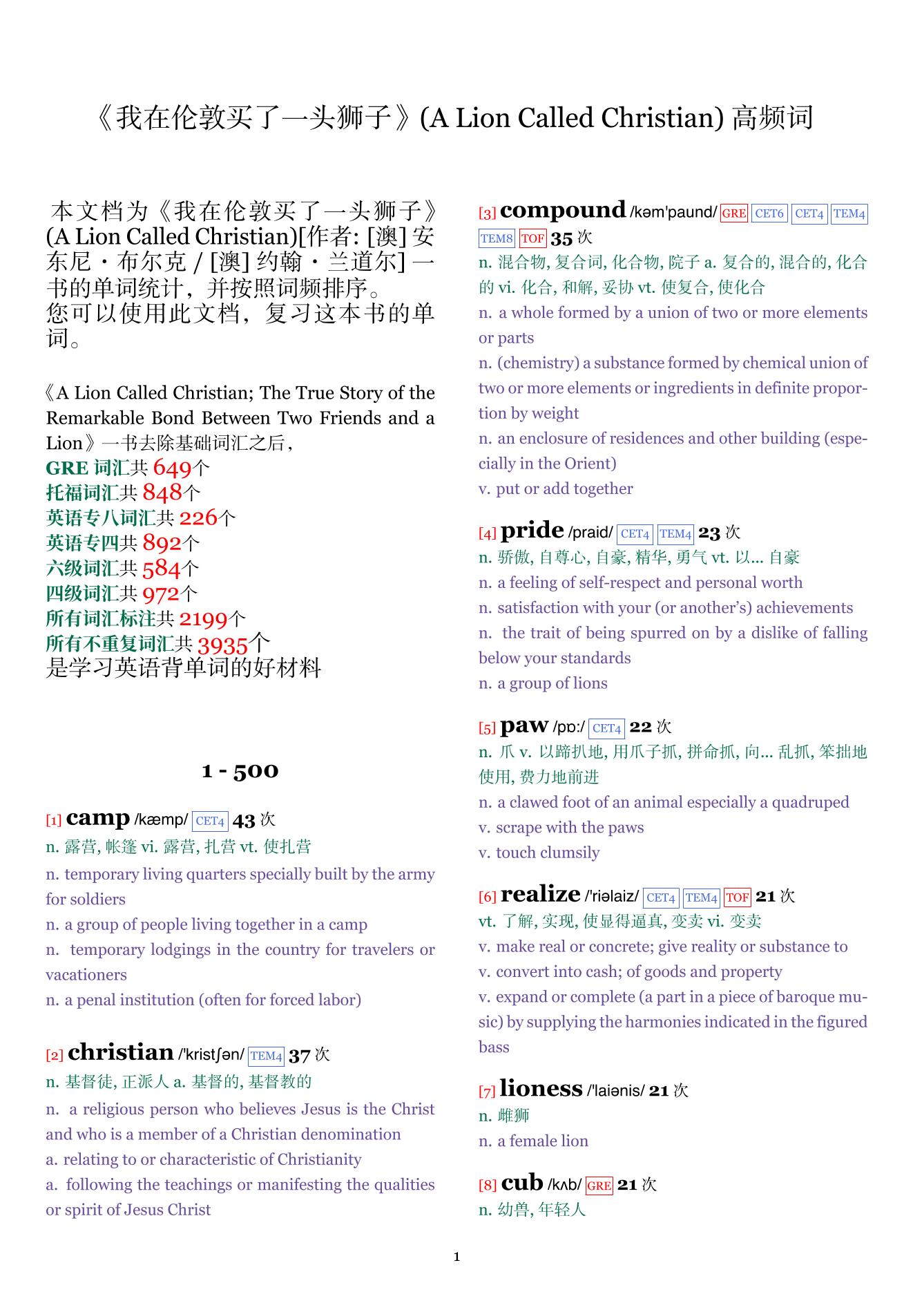 A Lion Called Christian词频统计