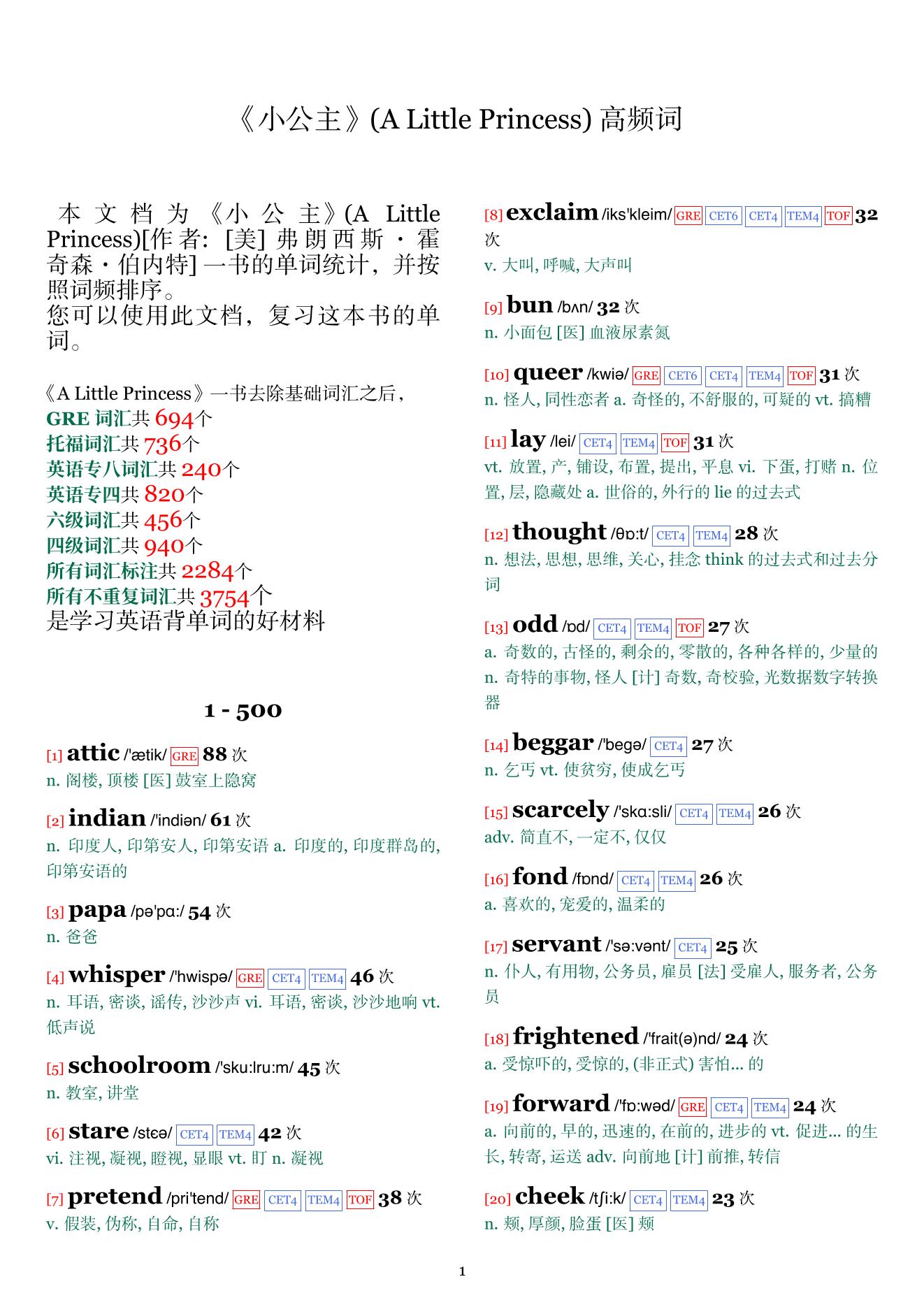 A Little Princess词频统计