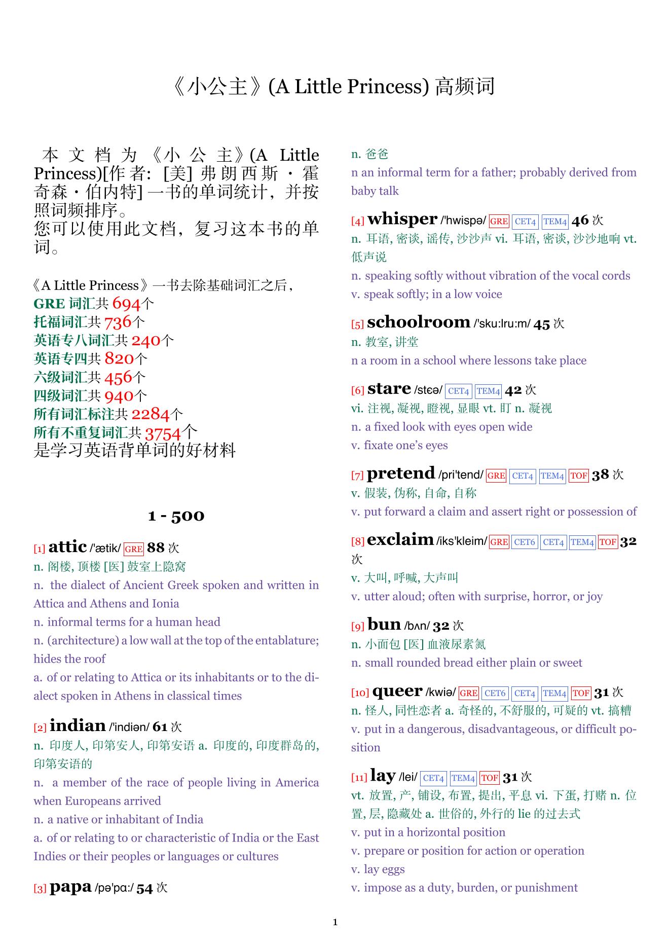 A Little Princess词频统计
