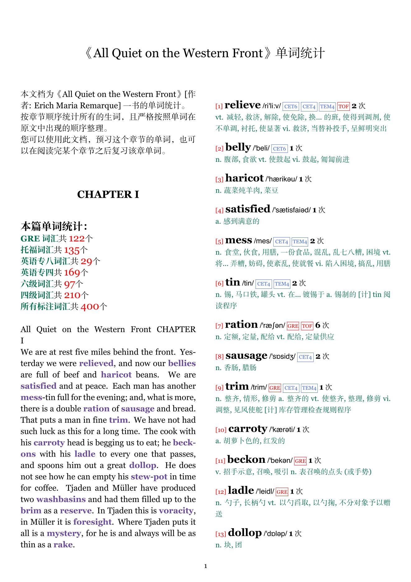 All Quiet on the Western Front章节单词统计