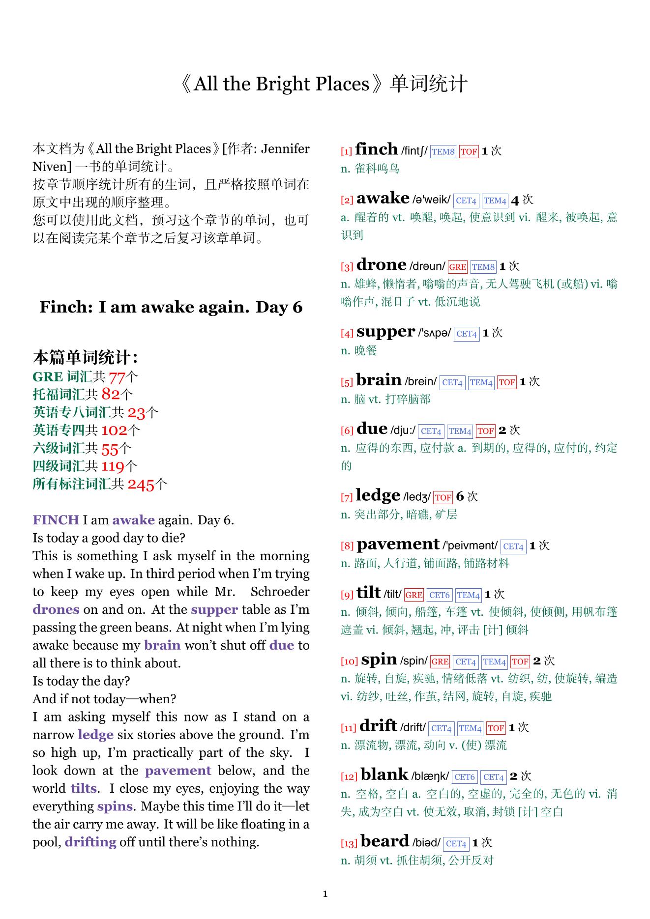 All the Bright Places章节单词统计