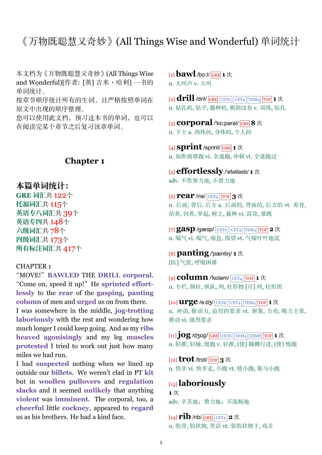 All Things Wise and Wonderful章节单词统计