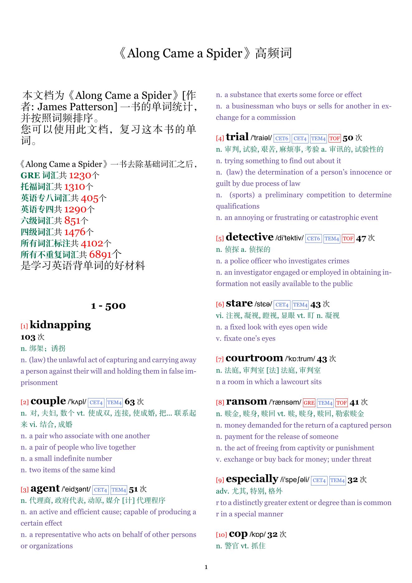 Along Came a Spider词频统计
