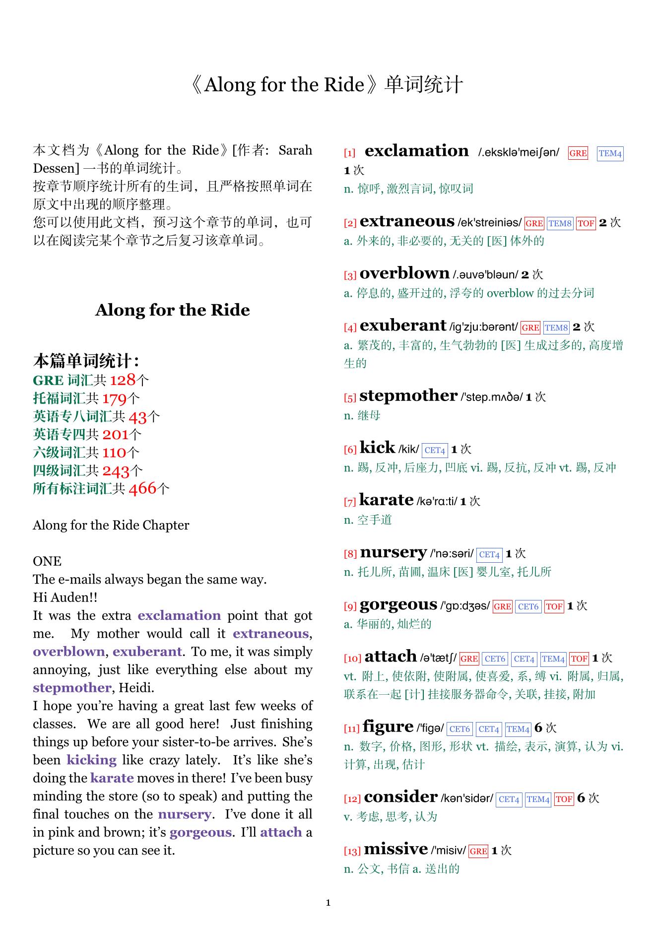 Along for the Ride章节单词统计