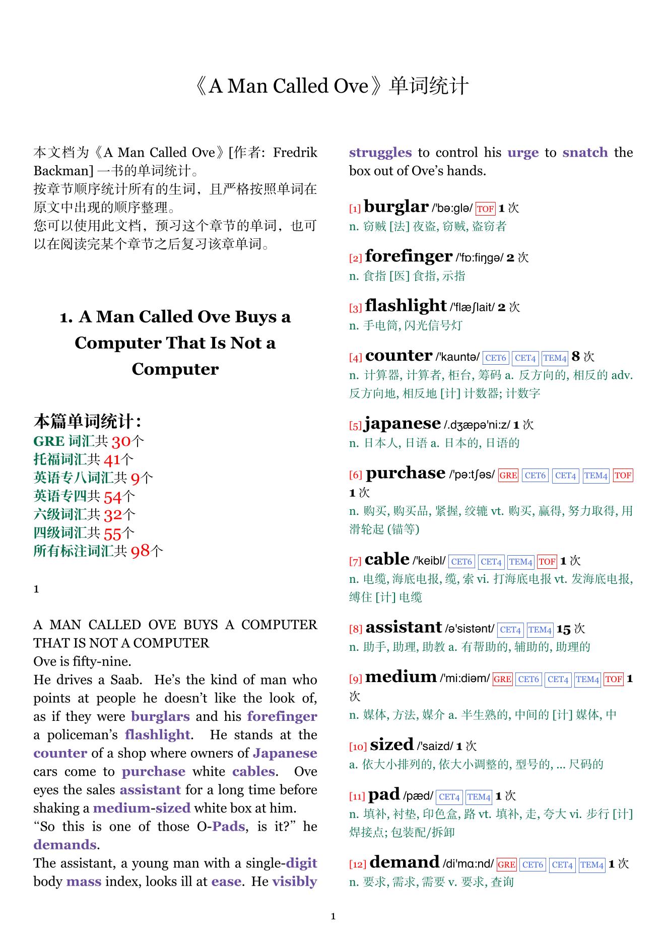 A Man Called Ove章节单词统计