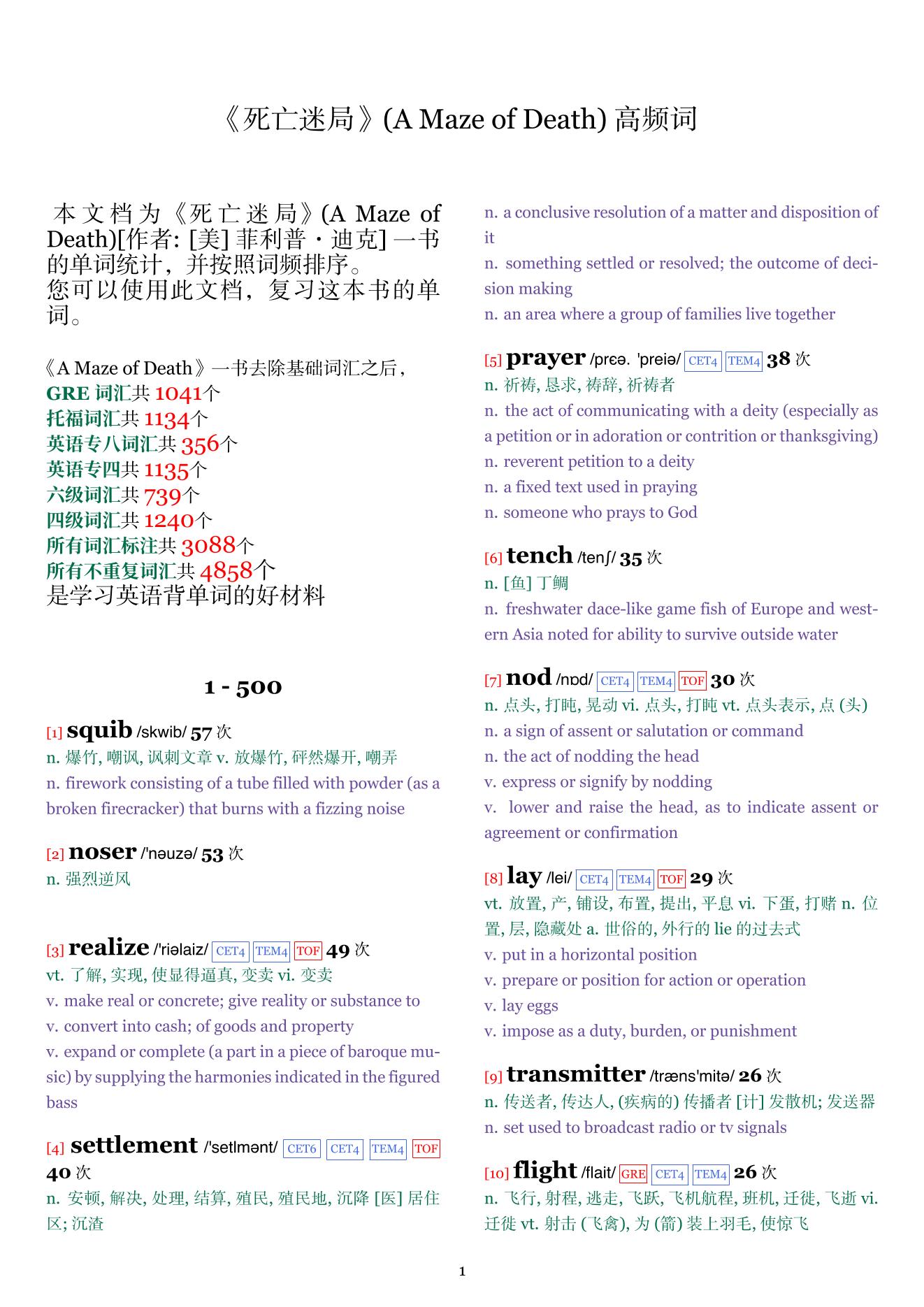 A Maze of Death词频统计