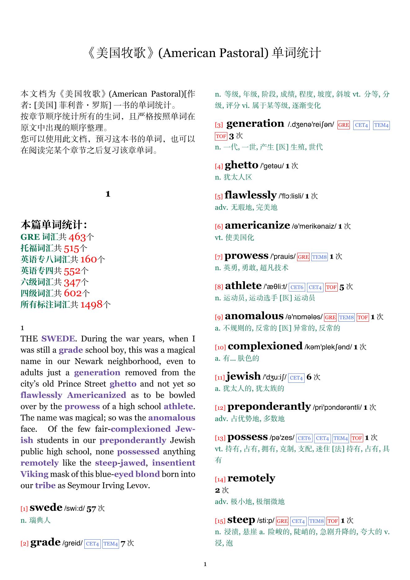 American Pastoral章节单词统计