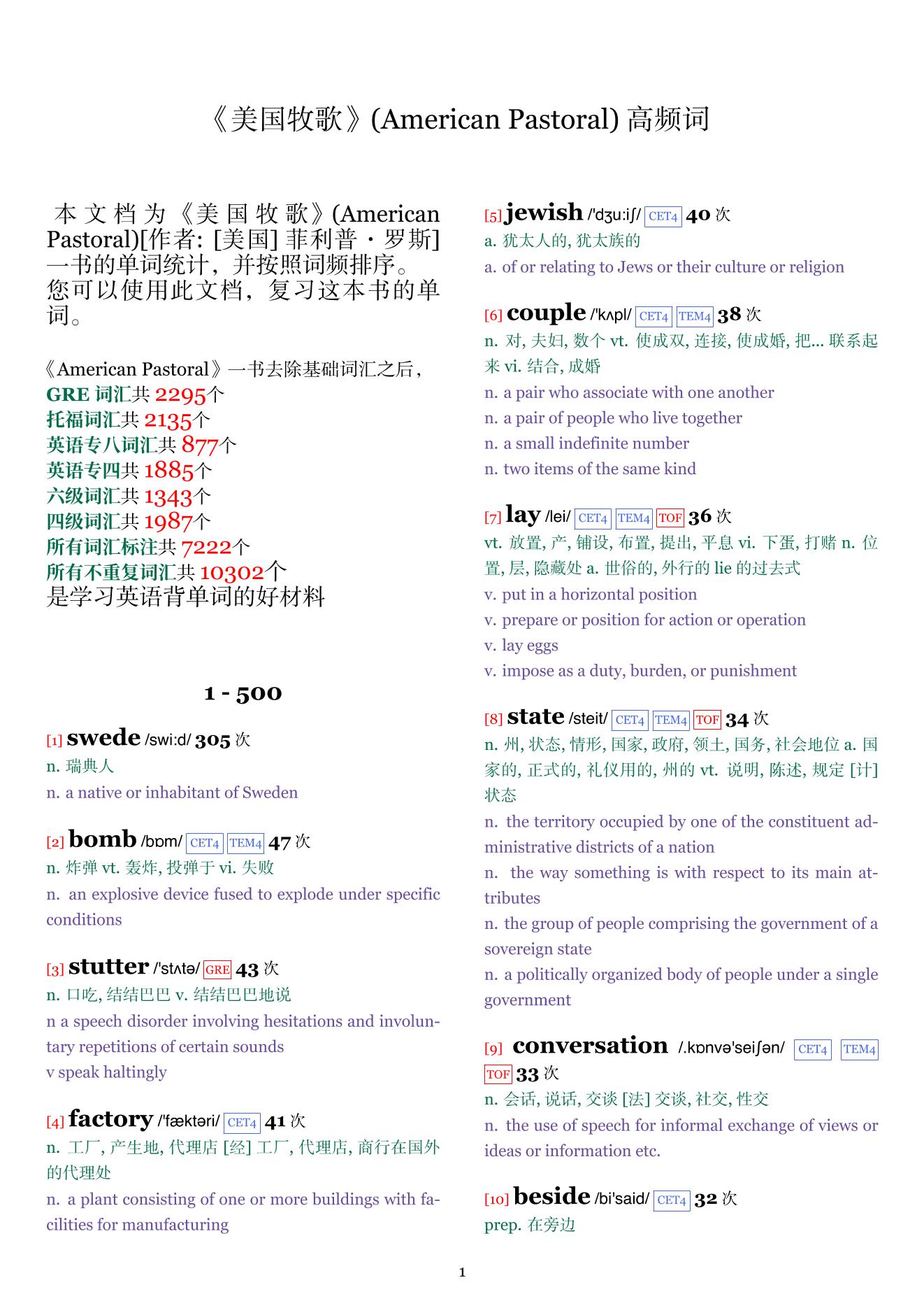 American Pastoral词频统计