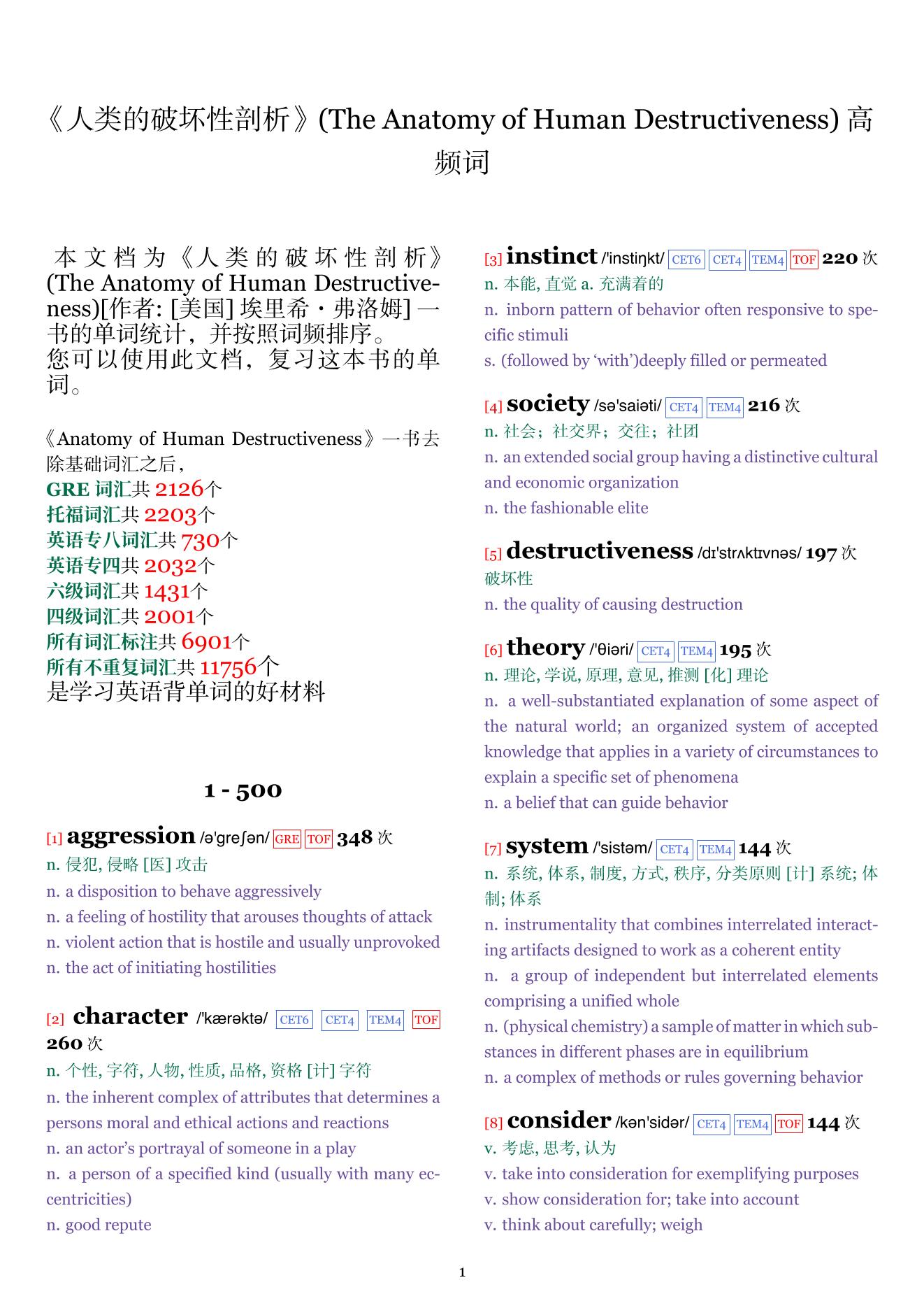 The Anatomy of Human Destructiveness词频统计