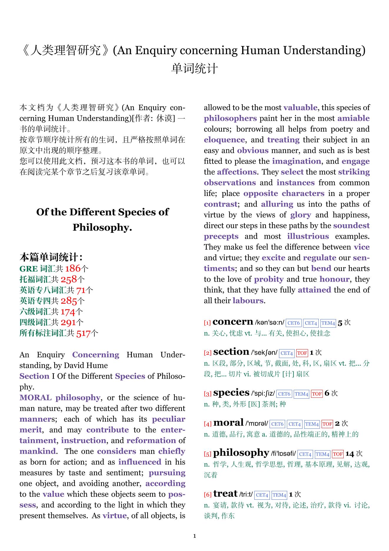 An Enquiry concerning Human Understanding章节单词统计