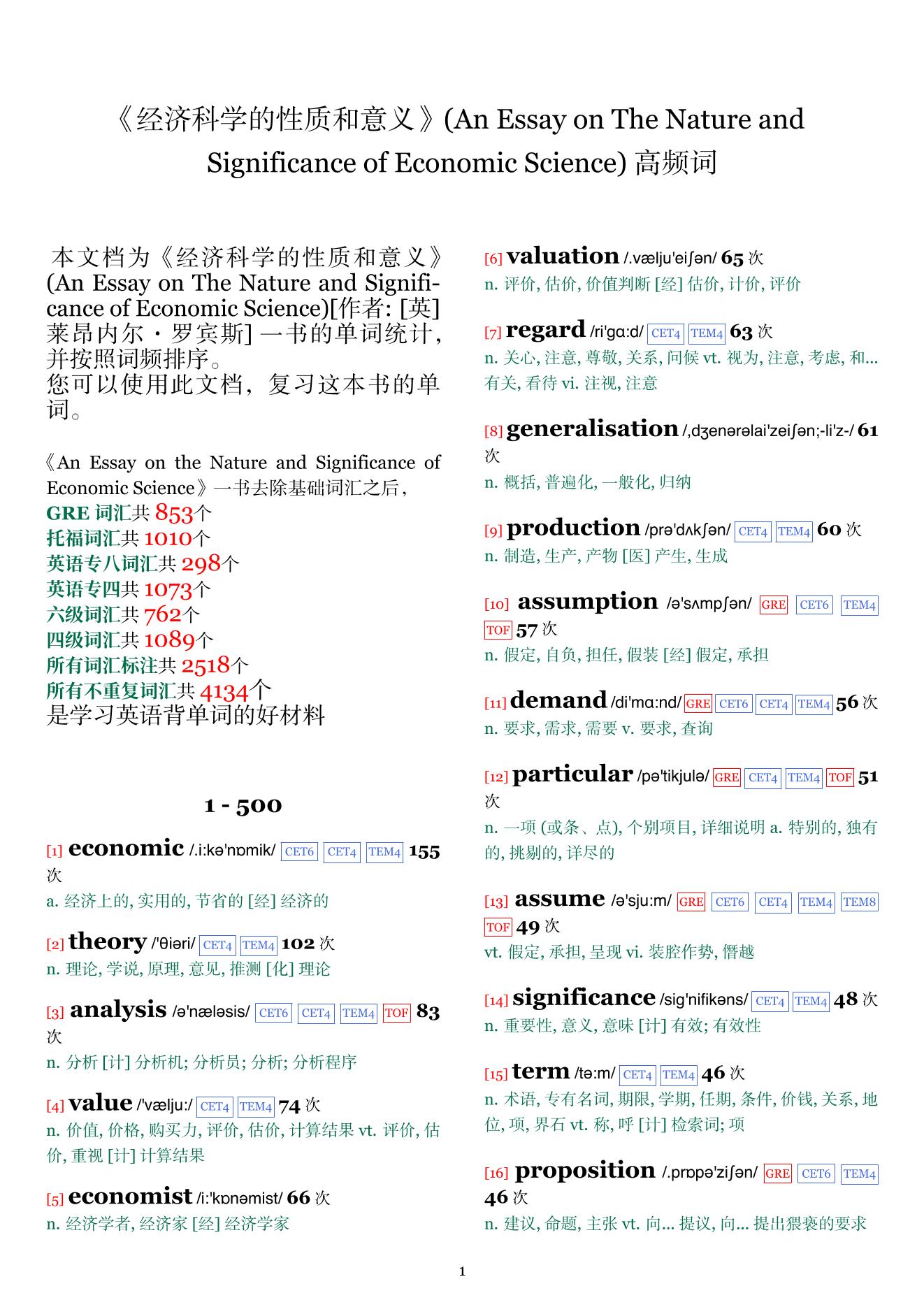 An Essay on The Nature and Significance of Economic Science词频统计