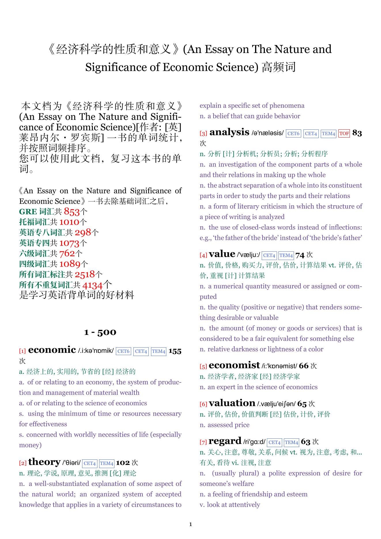 An Essay on The Nature and Significance of Economic Science词频统计
