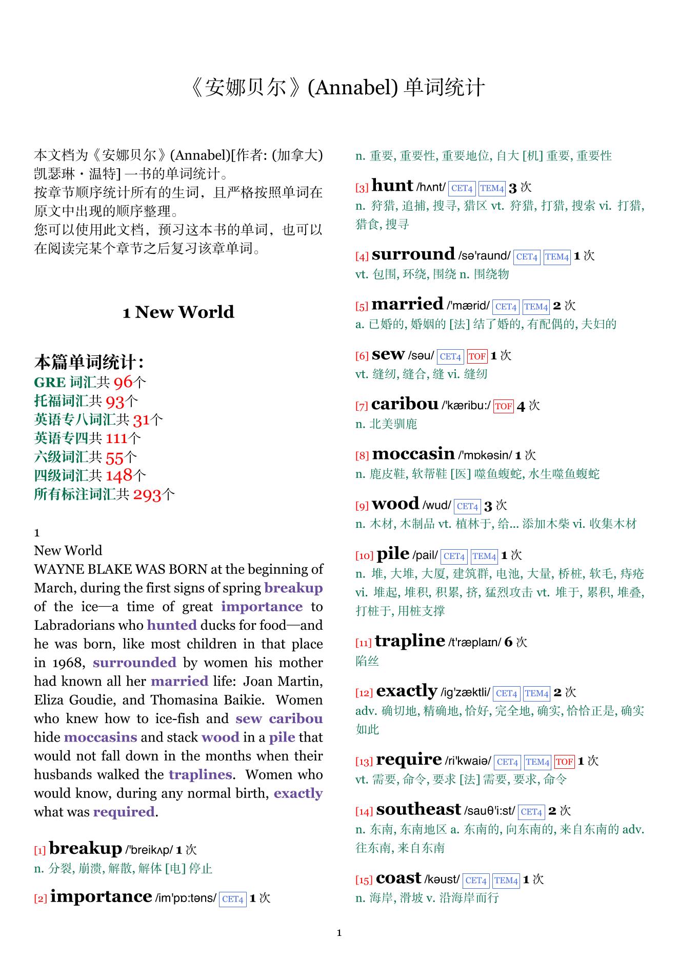 Annabel章节单词统计