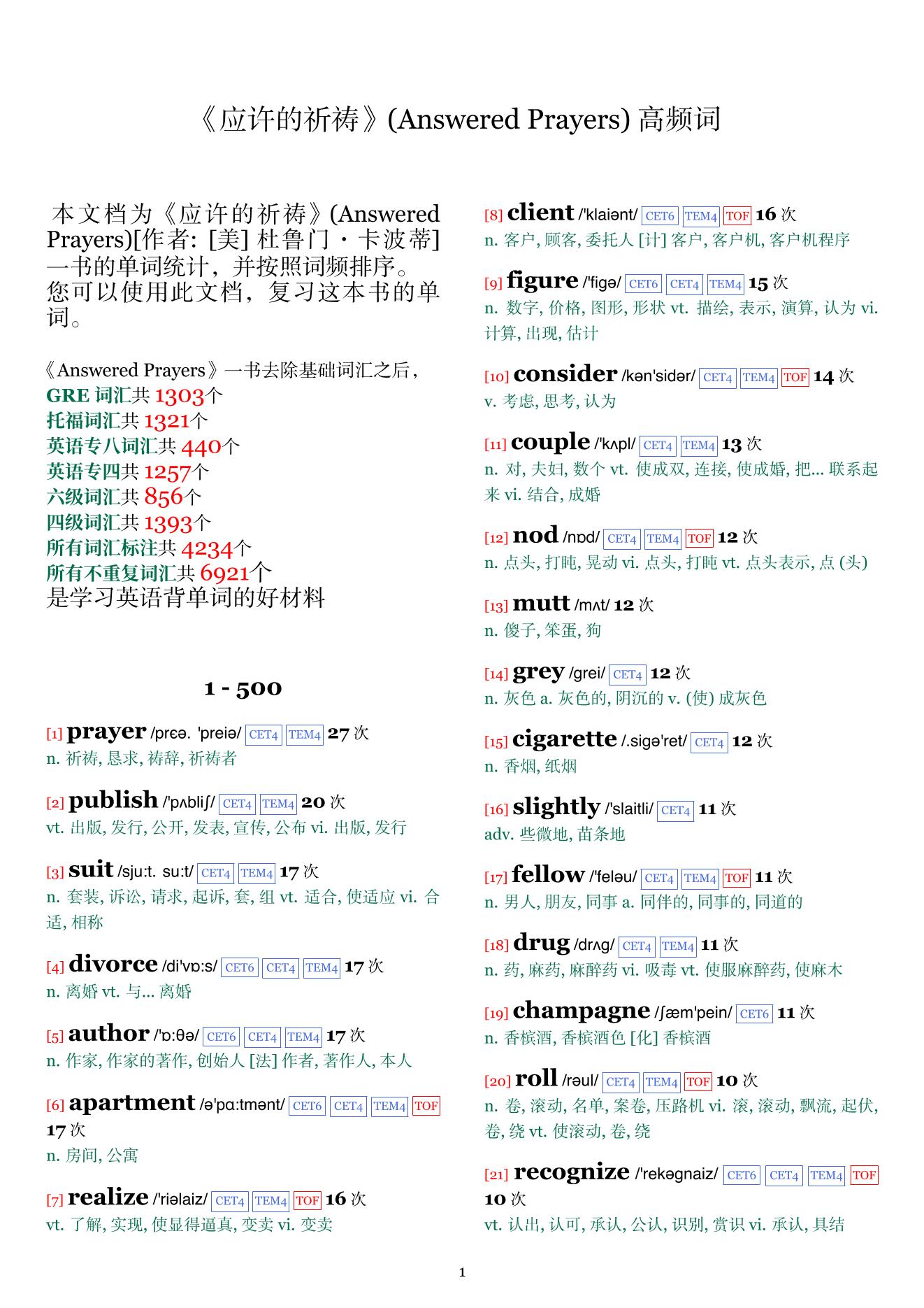 Answered Prayers词频统计