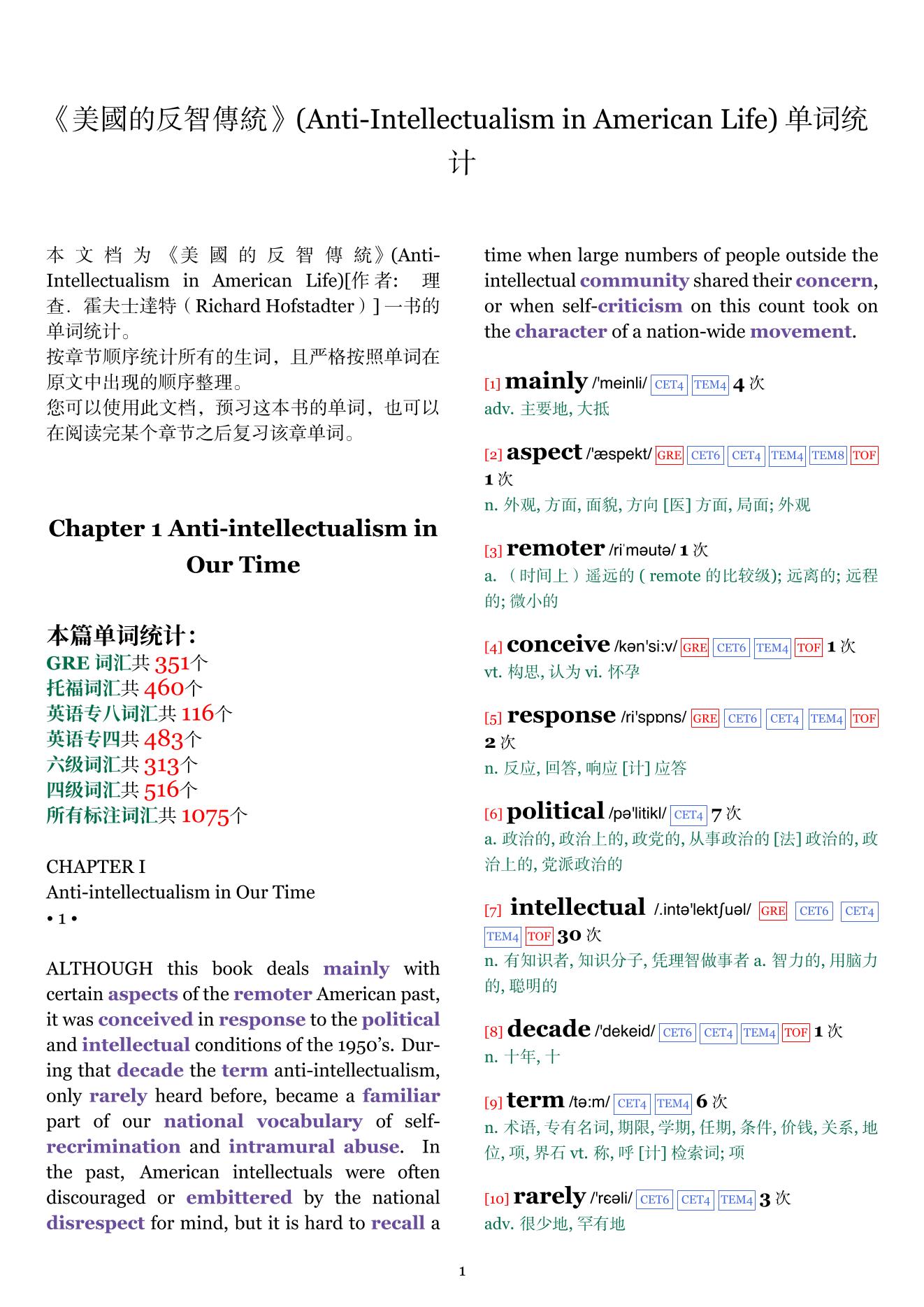 Anti-Intellectualism in American Life章节单词统计