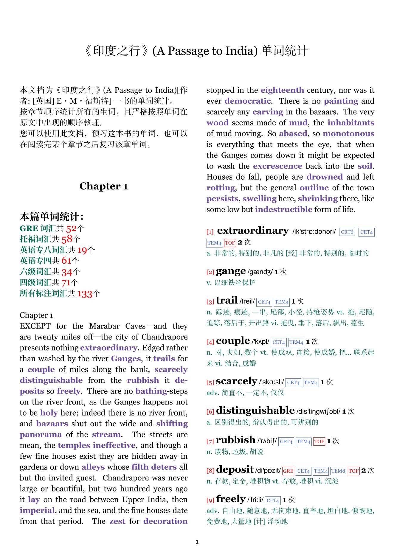 A Passage to India章节单词统计