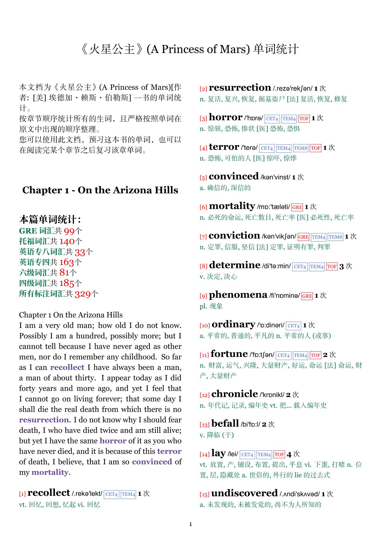 A Princess of Mars章节单词统计