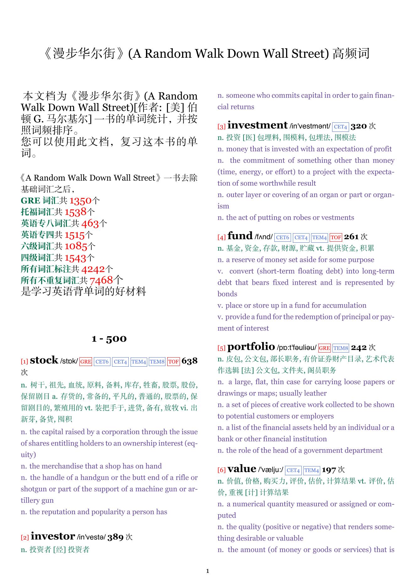 A Random Walk Down Wall Street词频统计