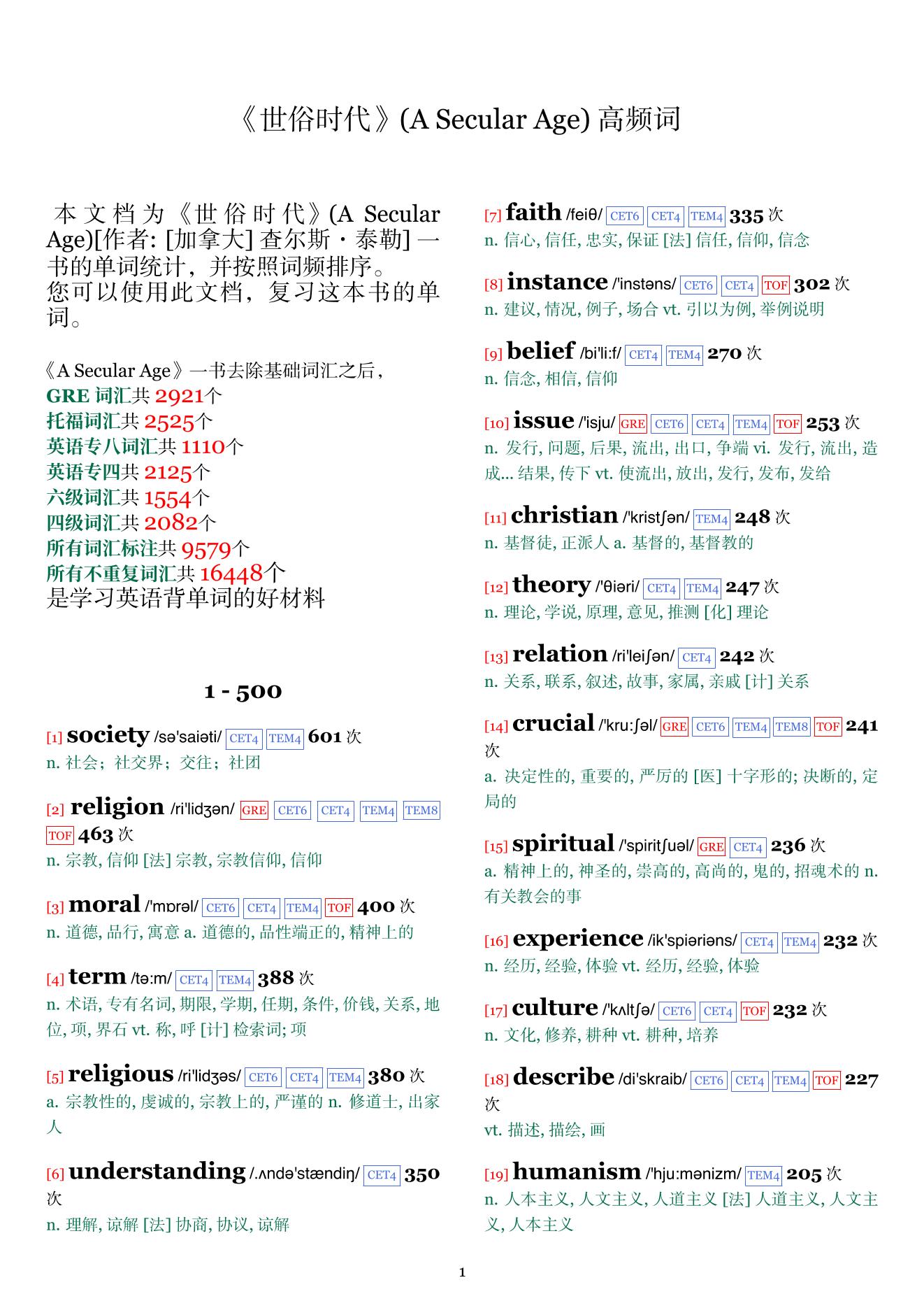 A Secular Age词频统计