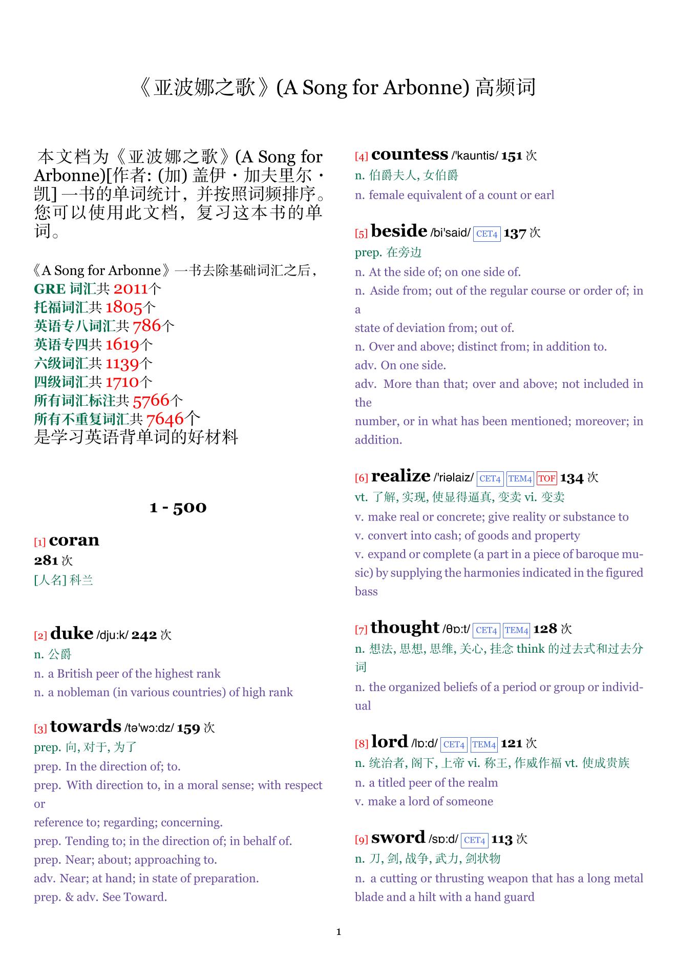 A Song for Arbonne词频统计