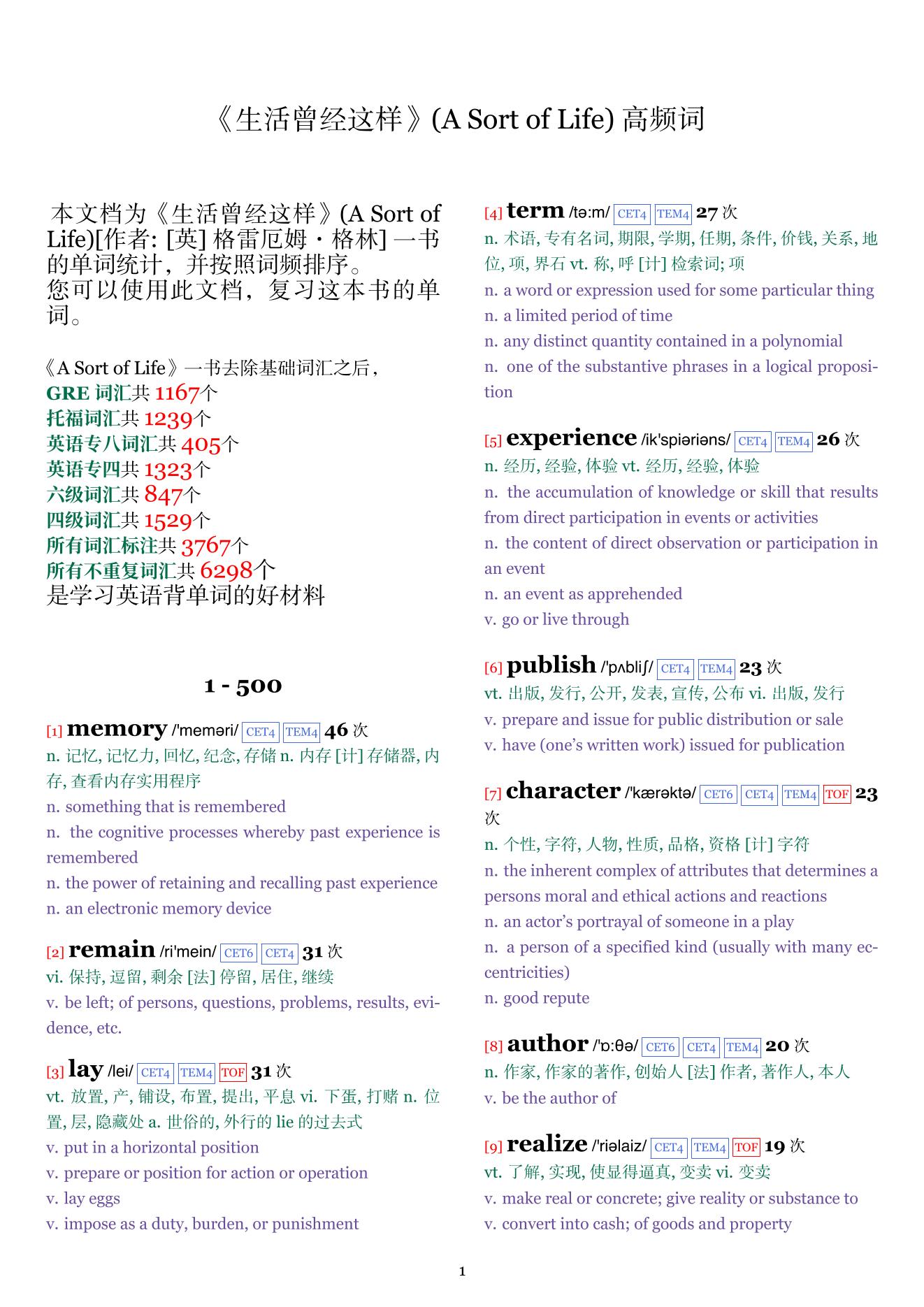 A Sort of Life词频统计