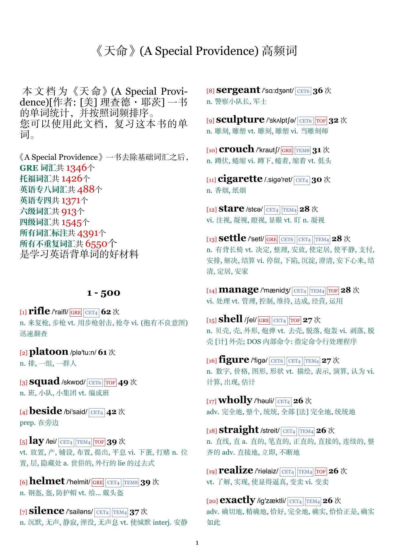 A Special Providence词频统计