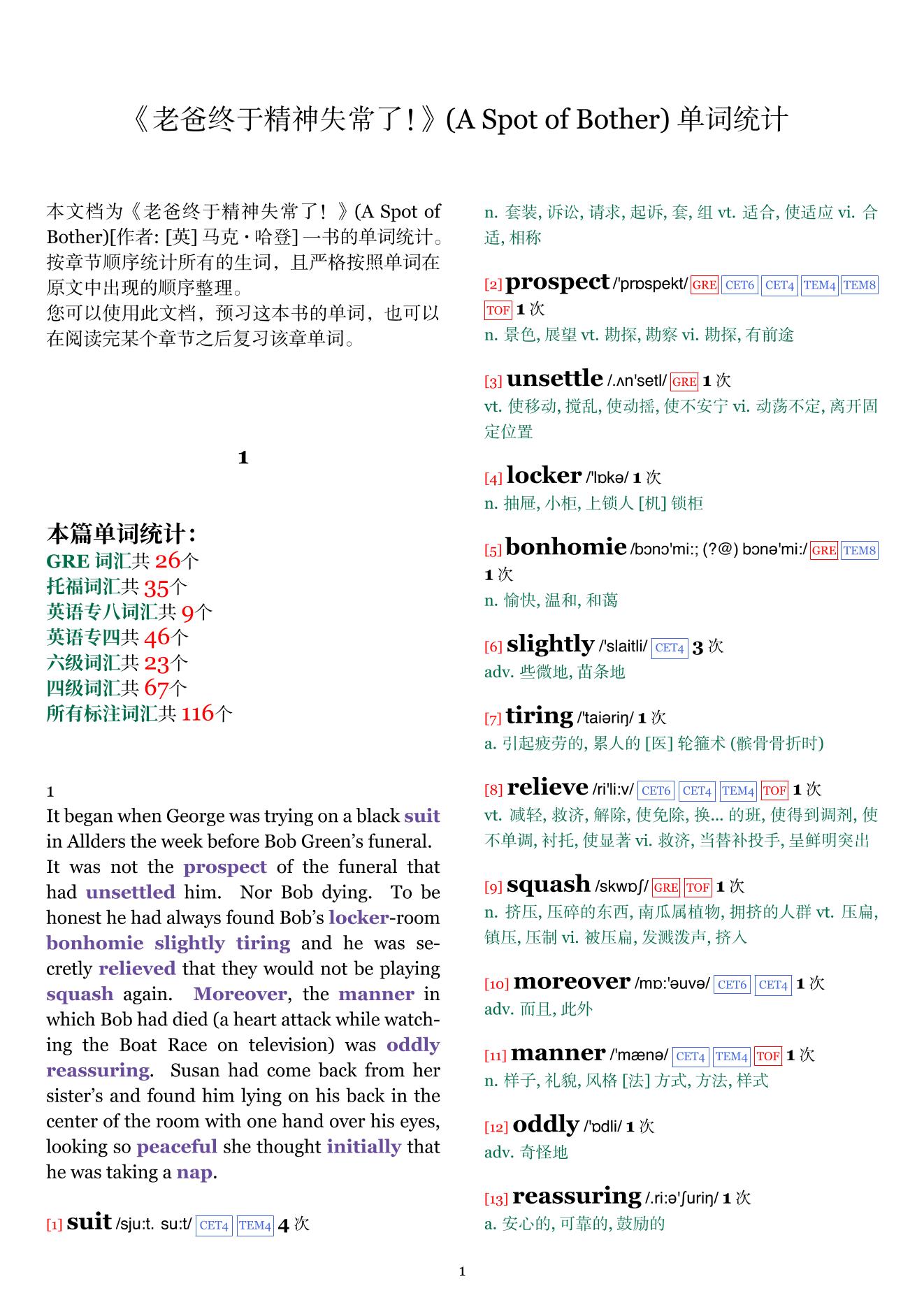 A Spot of Bother章节单词统计