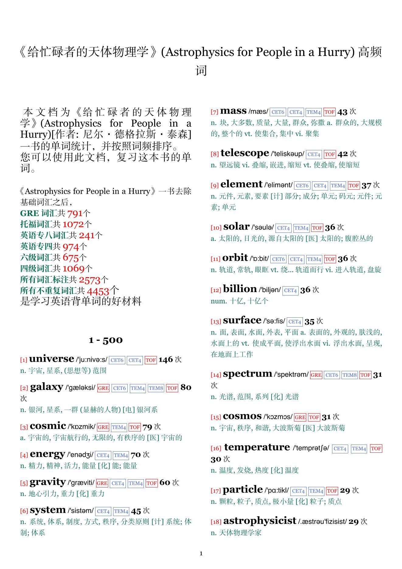 Astrophysics for People in a Hurry词频统计