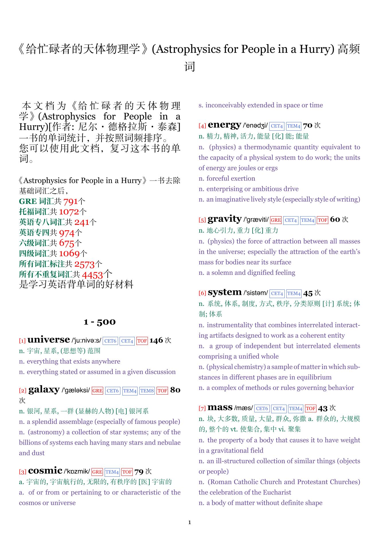 Astrophysics for People in a Hurry词频统计