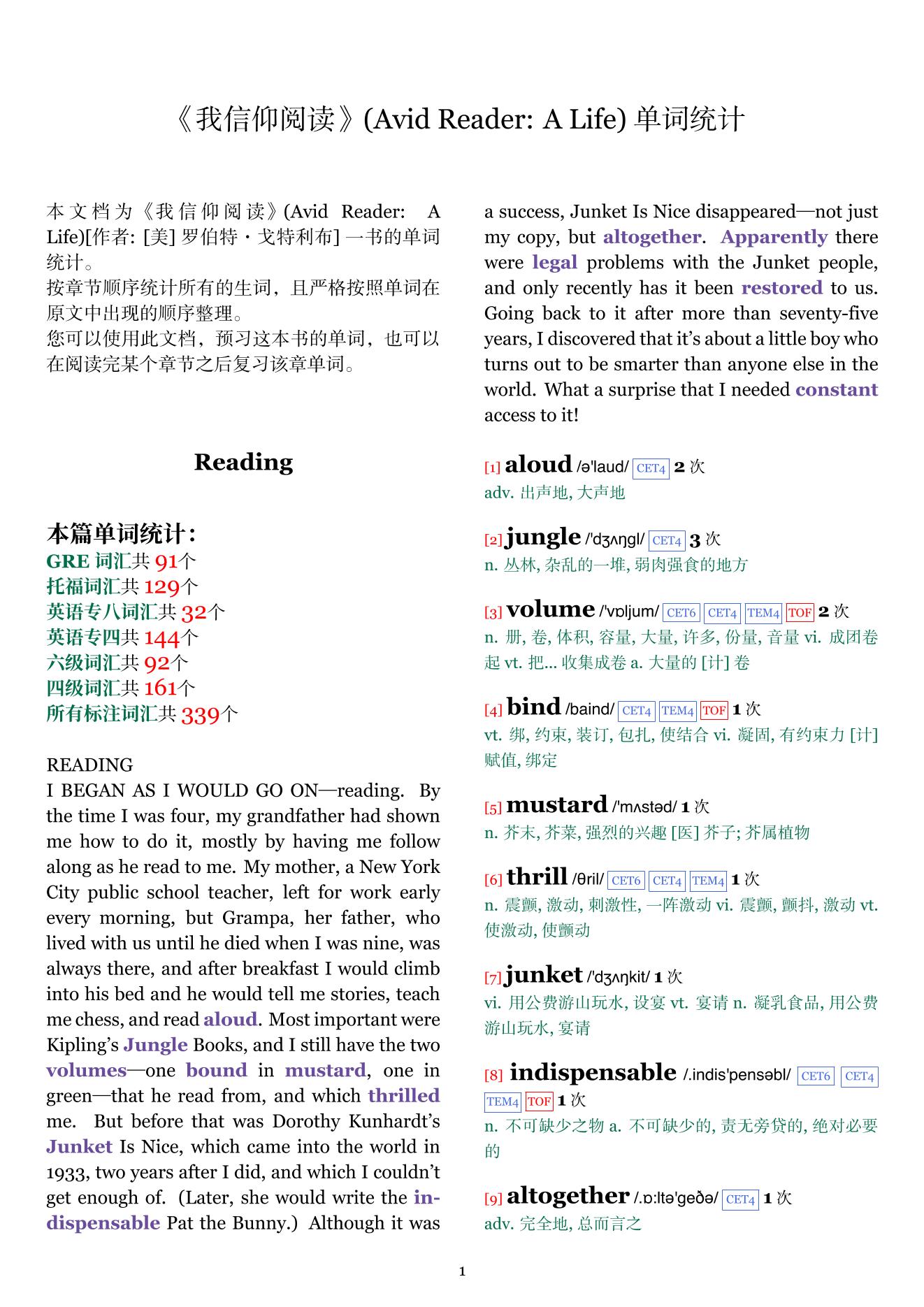 Avid Reader: A Life章节单词统计