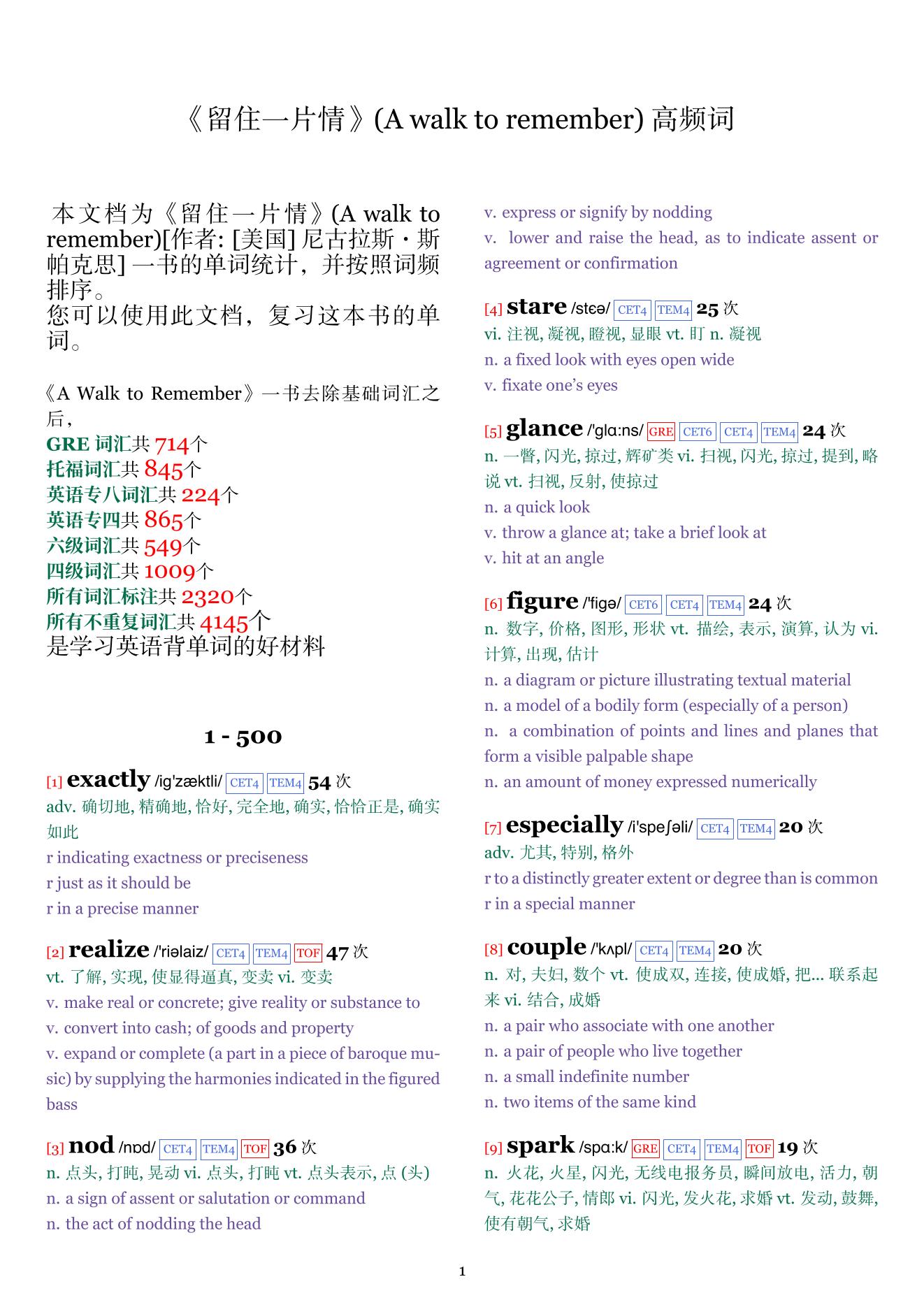 A walk to remember词频统计