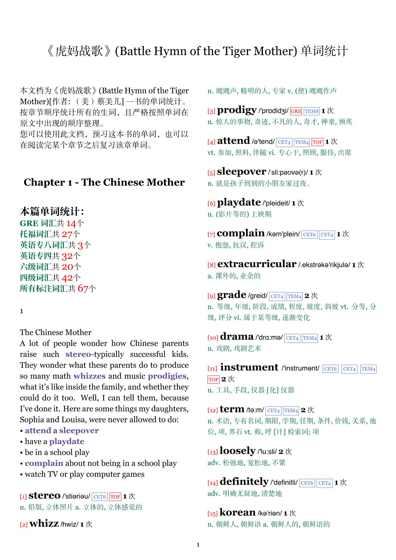 Battle Hymn of the Tiger Mother章节单词统计
