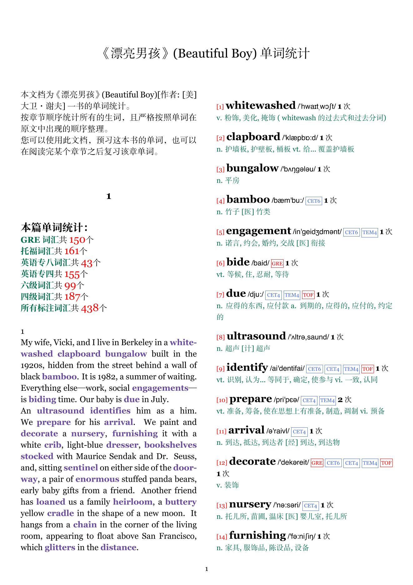 Beautiful Boy章节单词统计