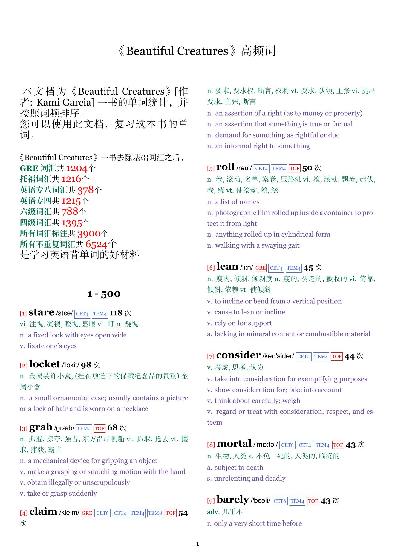 Beautiful Creatures词频统计
