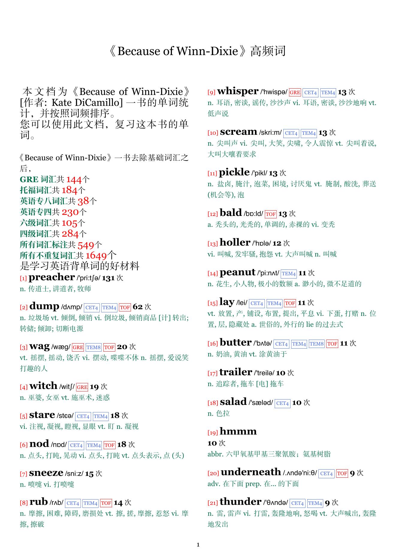 Because of Winn-Dixie词频统计